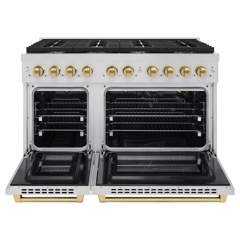 ZLINE Autograph Edition 48-Inch Paramount Gas Range with 8 Gas Burners and 6.7 cu. ft. Double Gas Oven in Stainless Steel and Champagne Bronze Accents (SGRZ-48-CB)