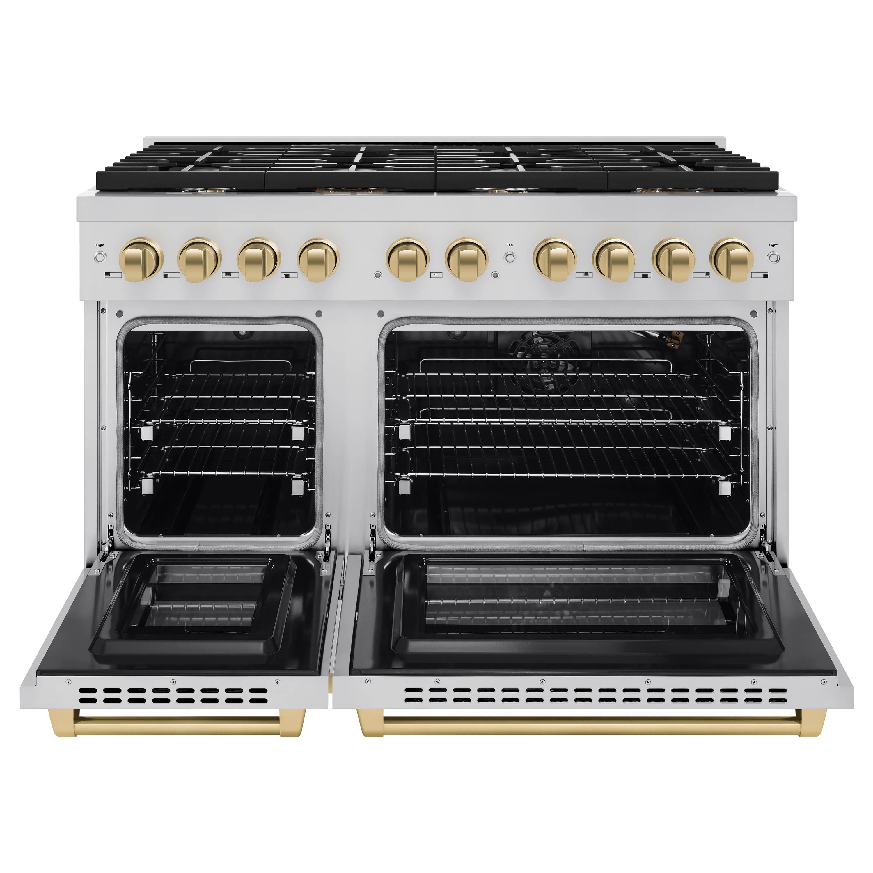 Stainless steel gas range with open oven doors and champagne bronze trim bars