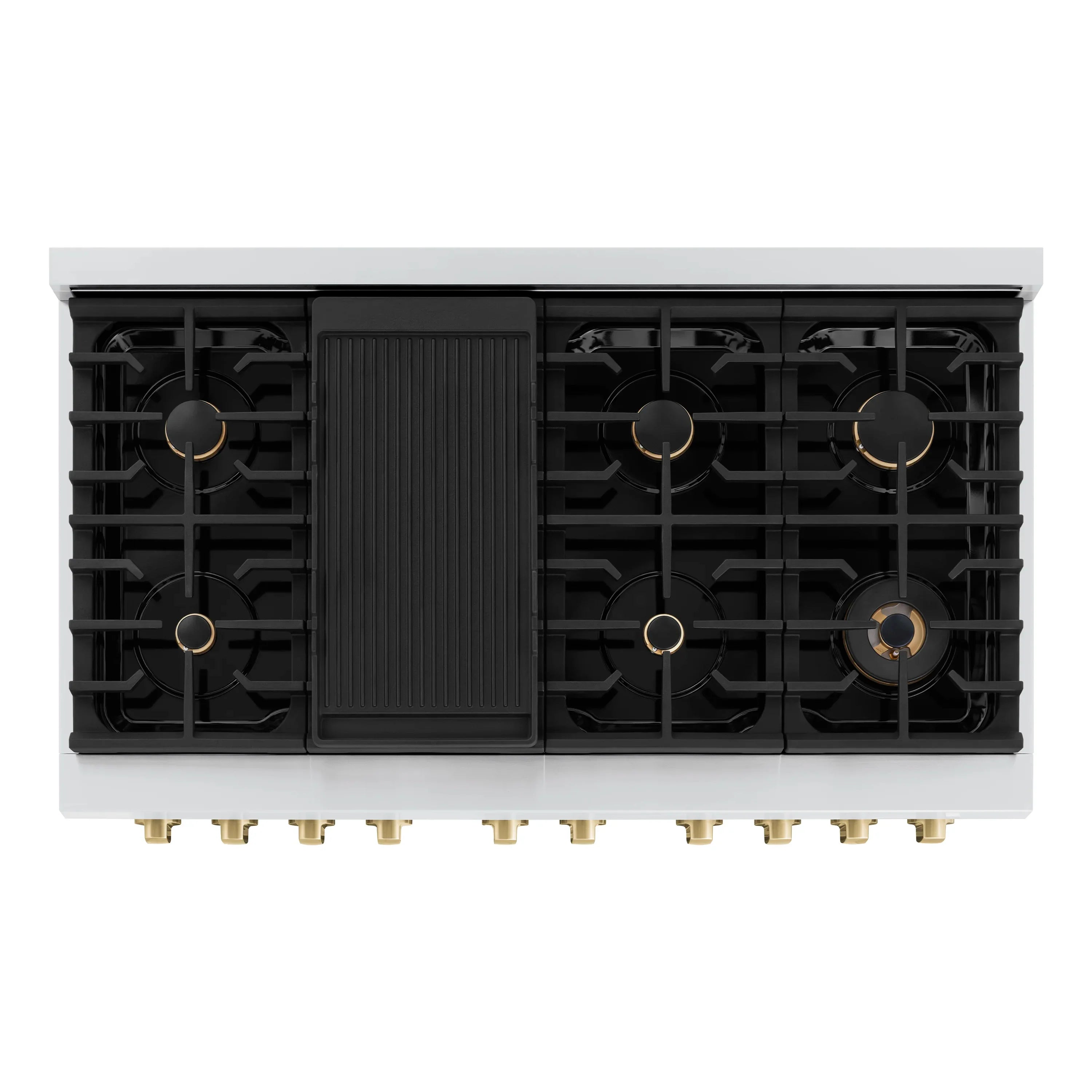 Gas range cooktop with four burners and black grates, front center black control panel