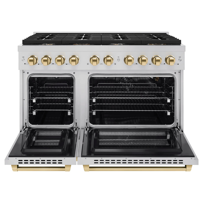 ZLINE Autograph Edition 48-Inch Gas Range with 6 Gas Burners and 6.7 cu. ft. Double Gas Oven in Stainless Steel and Polished Gold Accents (SGRZ-48-G)