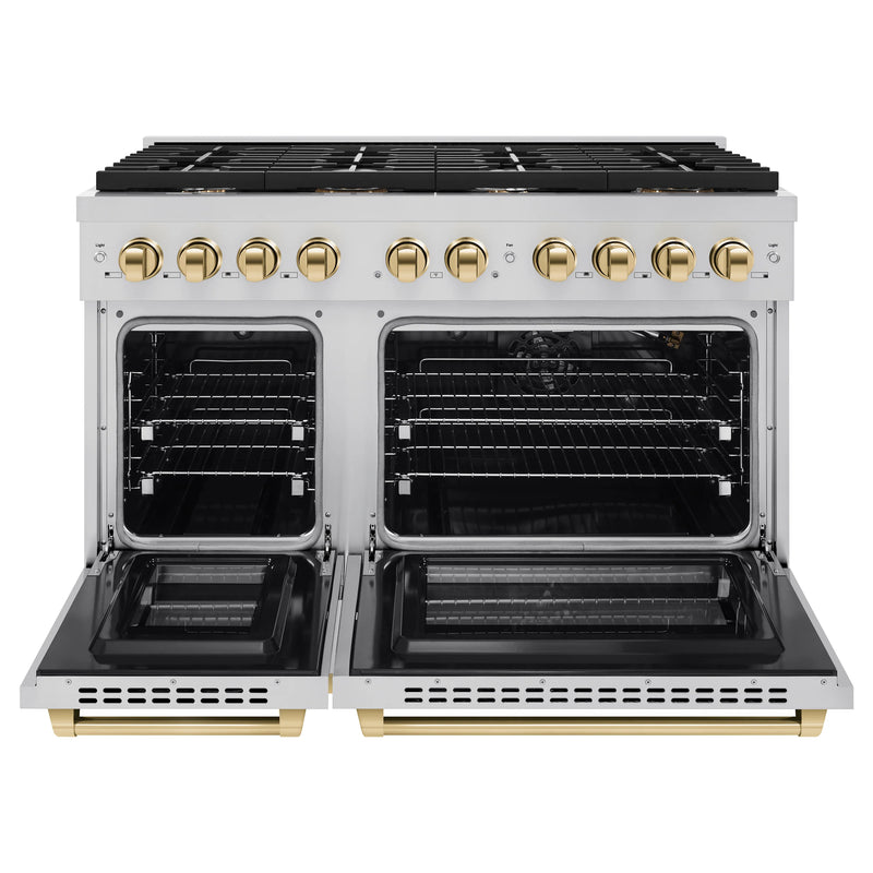 ZLINE Autograph Edition 4-Piece Appliance Package - 48-Inch Gas Range, Refrigerator, Wall Mounted Range Hood, & 24-Inch Tall Tub Dishwasher in Stainless Steel with Gold Trim (4AKPR-RGRHDWM48-G)