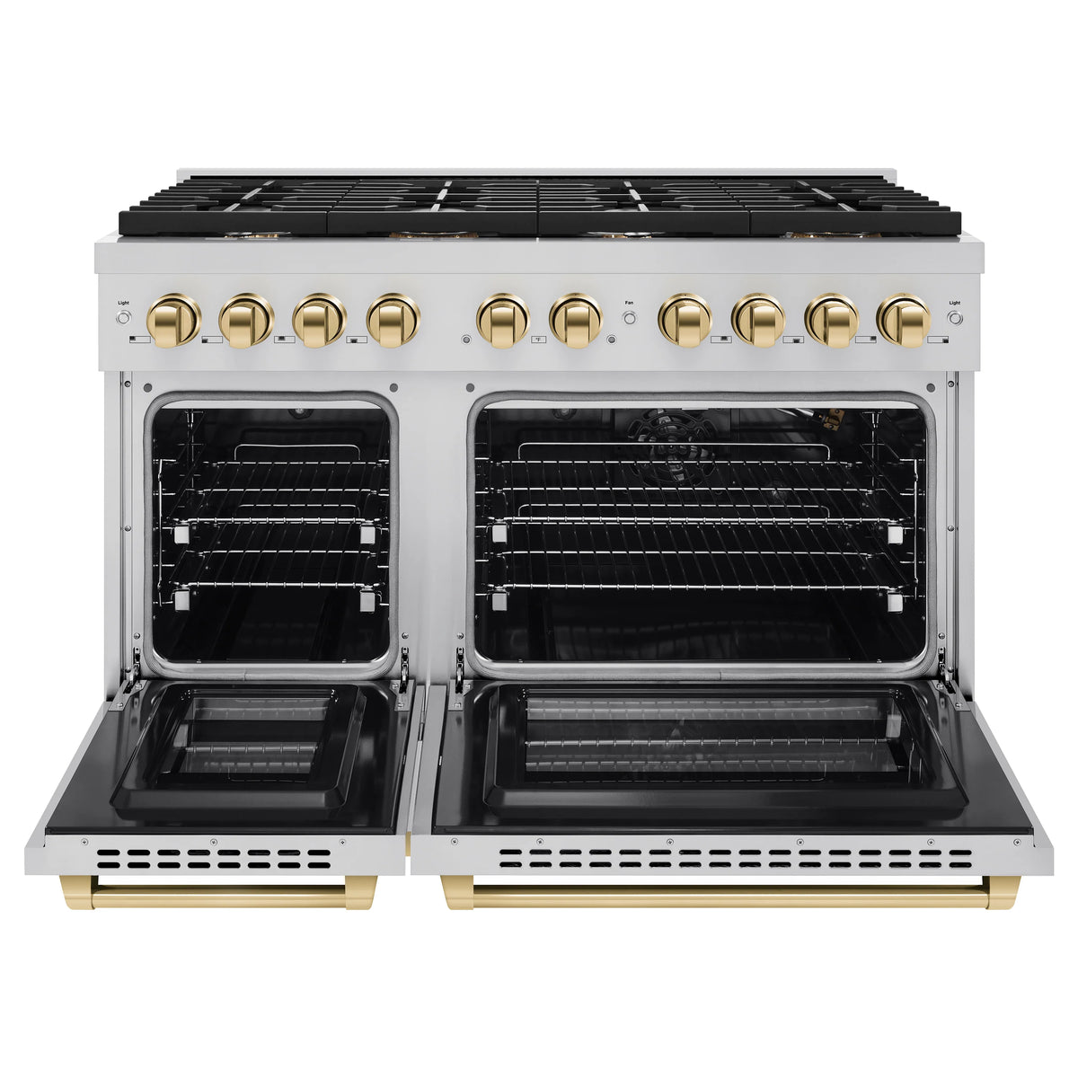 Stainless gas range with two open ovens and gold control knobs