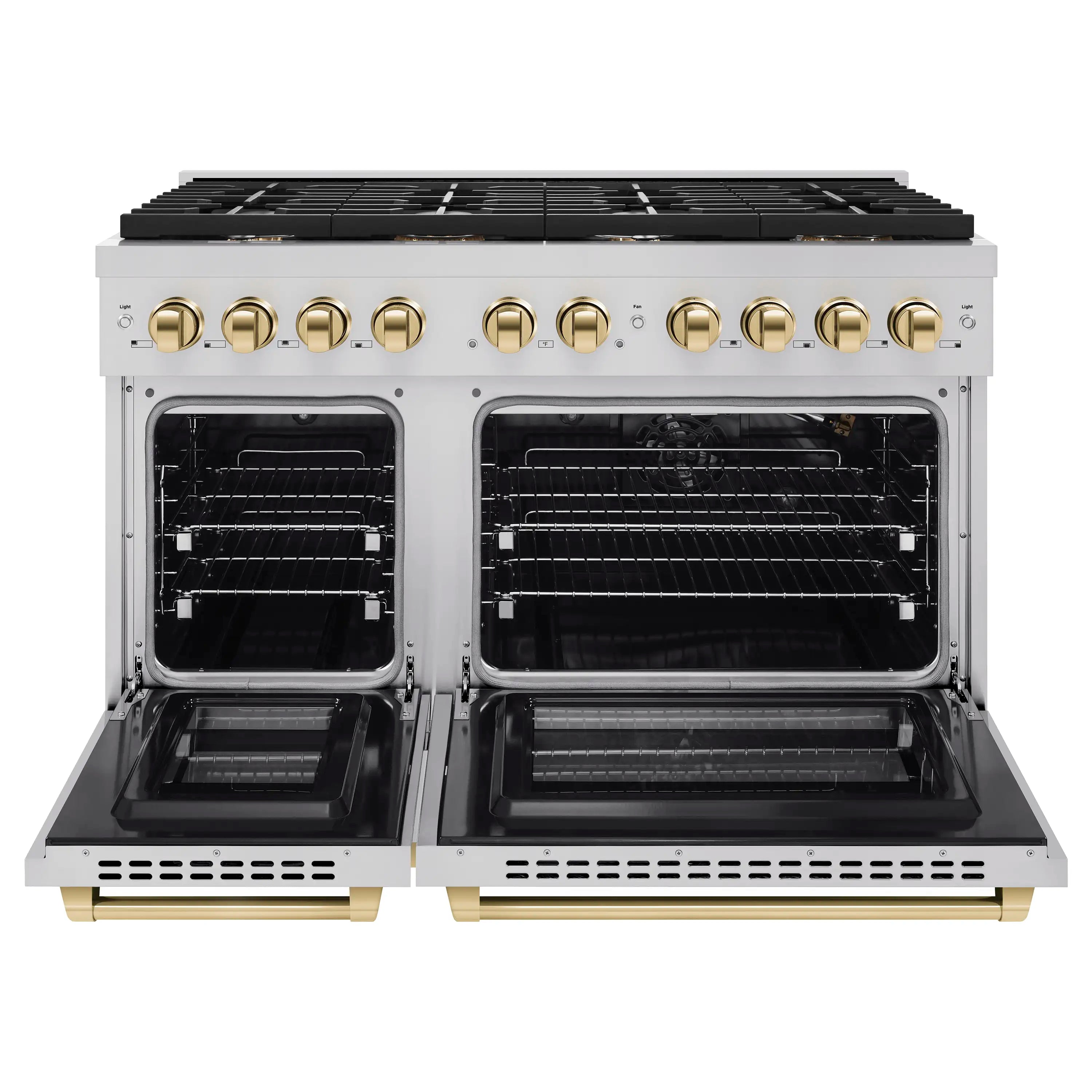 Stainless gas range with two open oven doors and gold bar handles