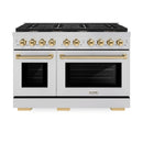 ZLINE 5-Piece Appliance Package - 48-Inch Paramount Autograph Gas Range, Wall Mount Range Hood, 36-Inch French Door Refrigerator with Water Dispenser, Dishwasher, and 30-Inch Microwave Drawer in Stainless Steel with Gold Accents