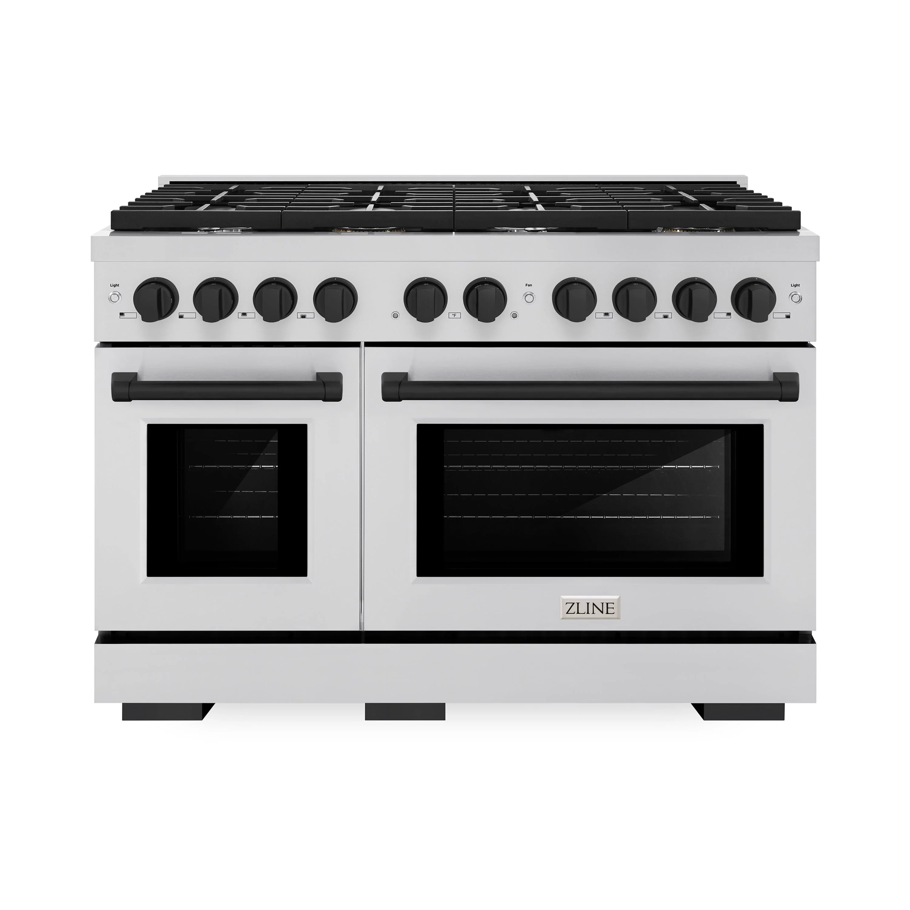 Stainless gas range with black cooktop grates and row of round control knobs