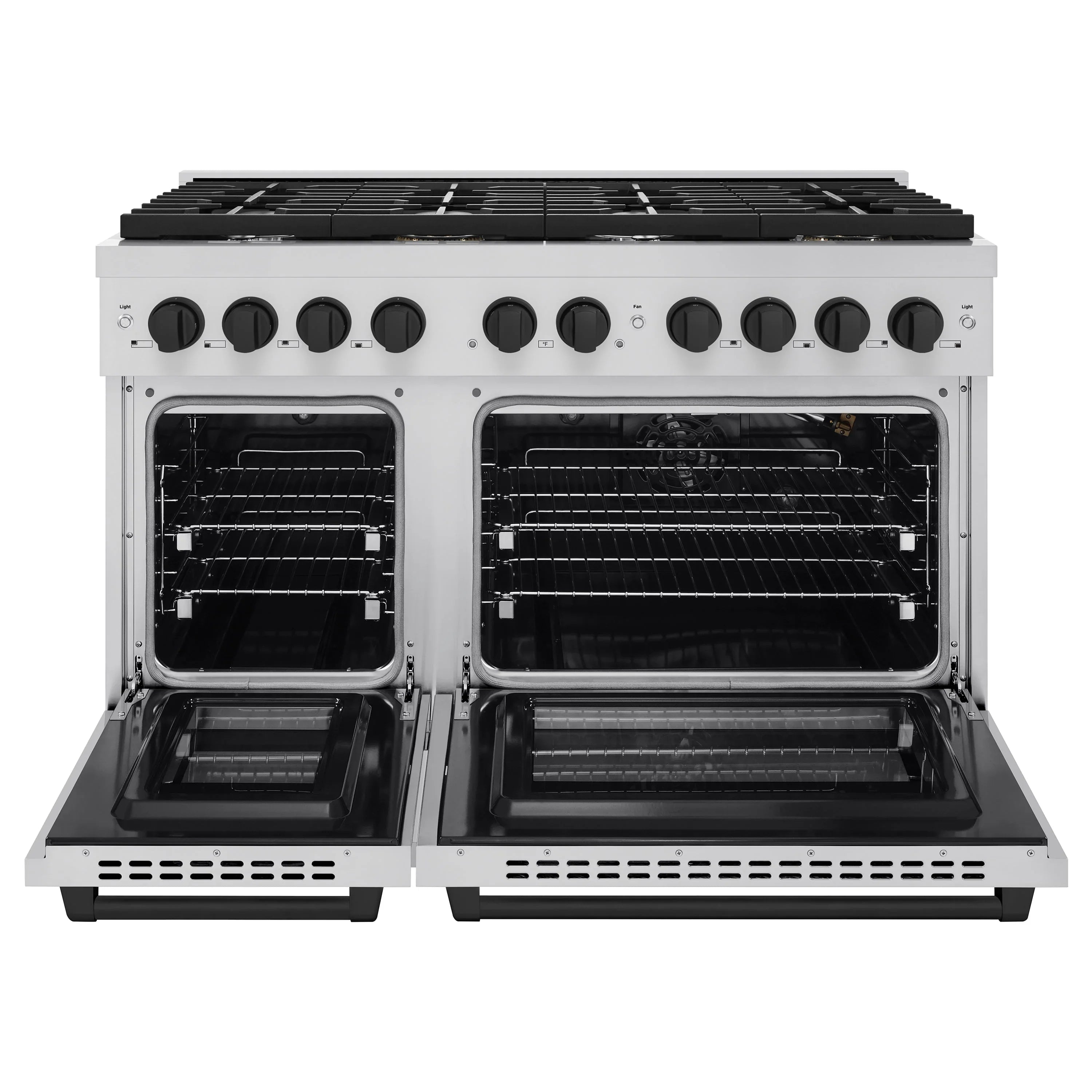 Stainless steel gas range with two oven doors open and burners visible on top