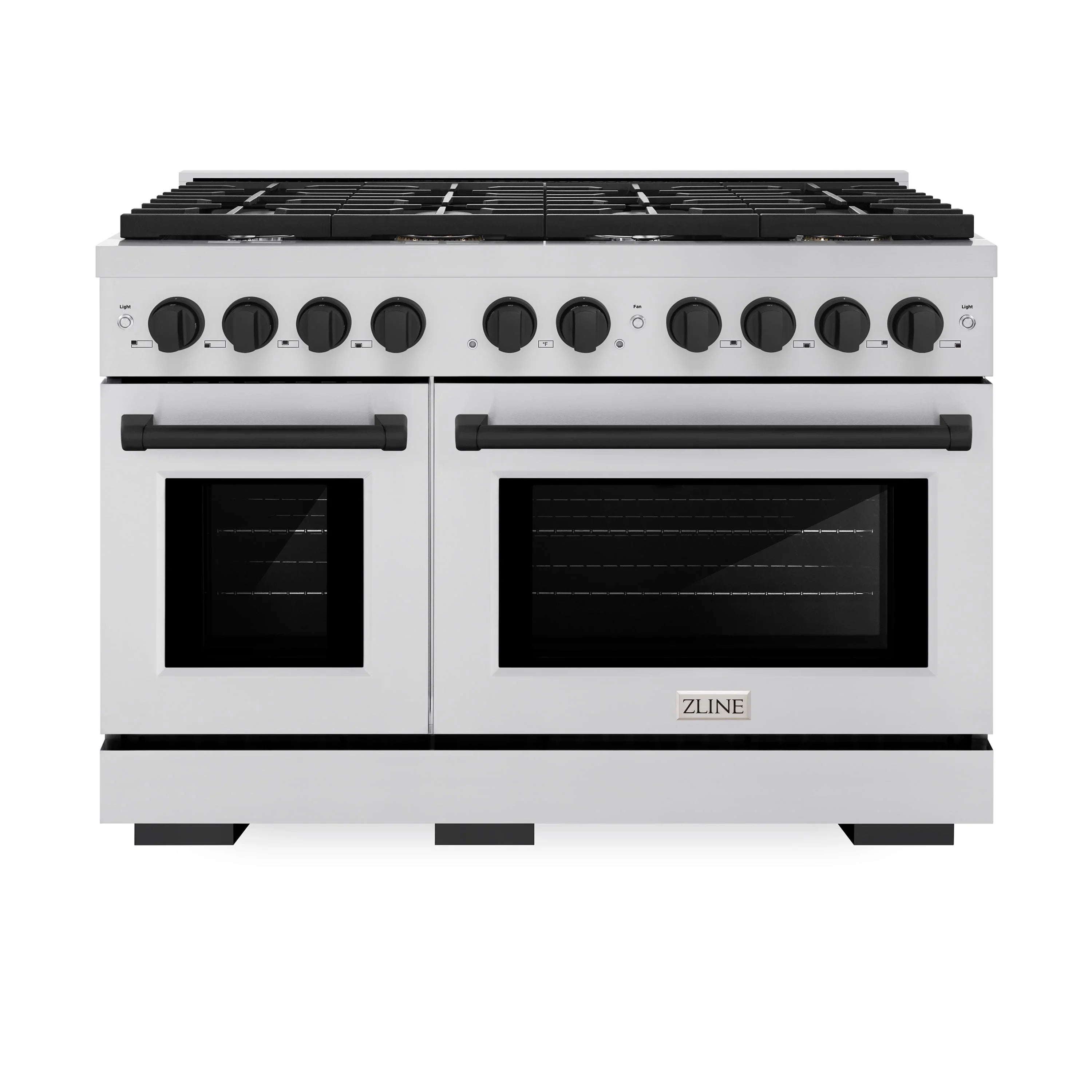 Stainless steel gas range with black grates, control knobs, and two oven doors