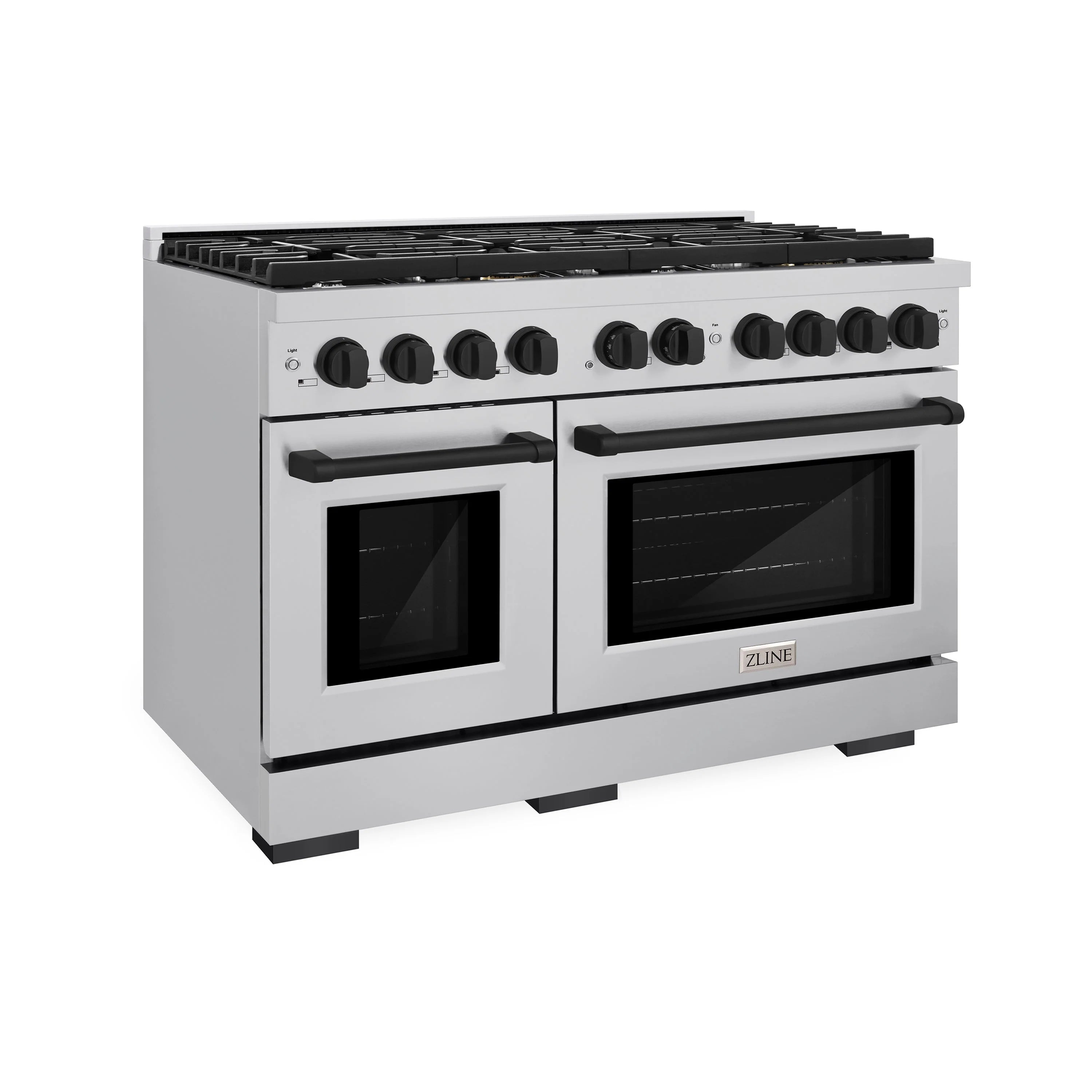 48-inch gas range with stainless finish, black grates, and two glass oven doors