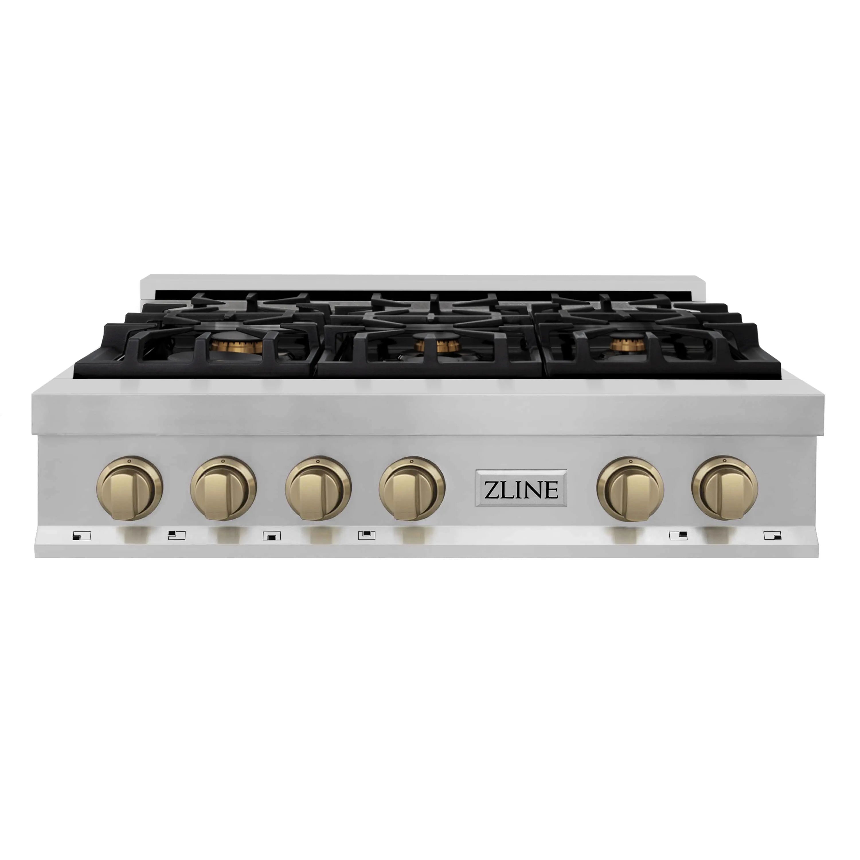 Front view of six-burner gas rangetop with champagne bronze control knobs