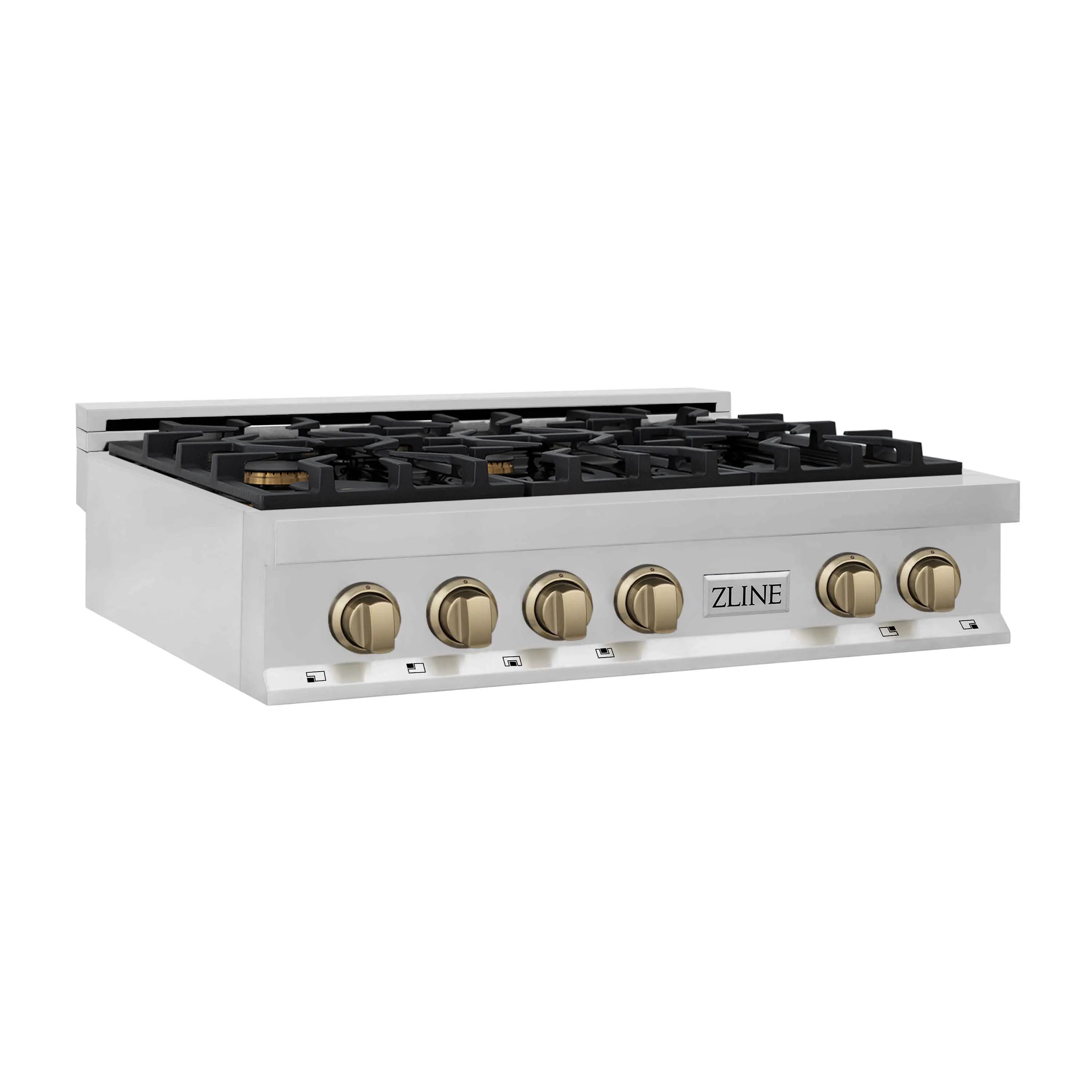 Side view of stainless six-burner gas rangetop with champagne bronze control knobs