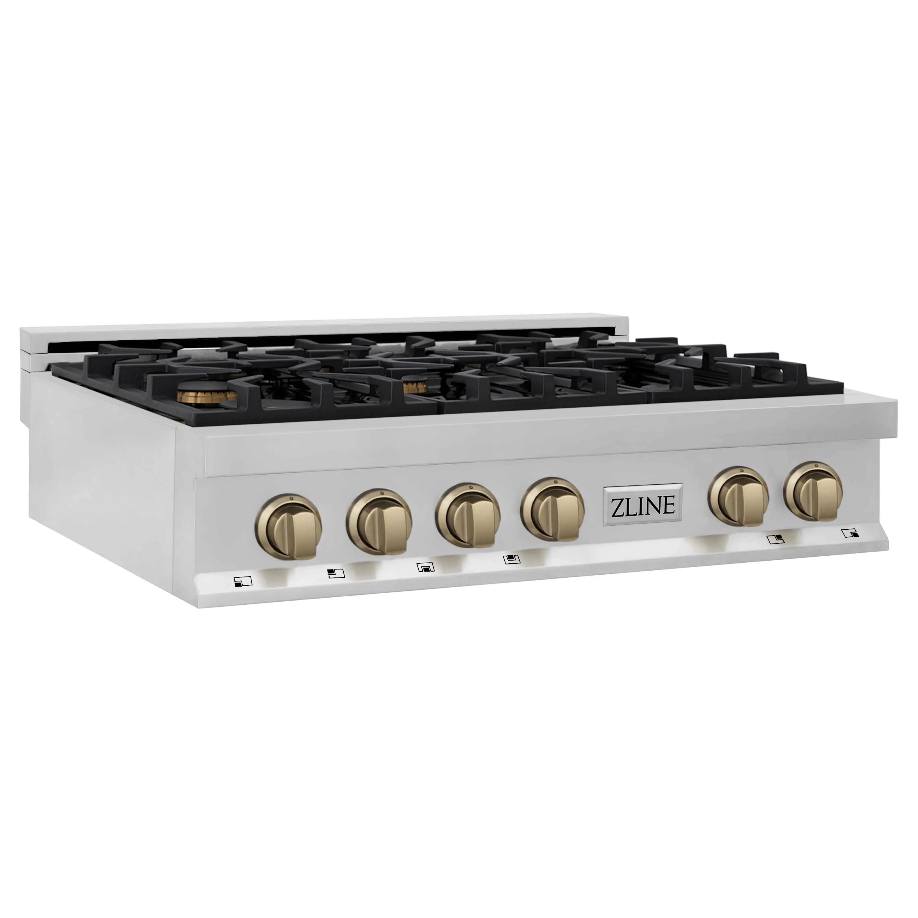 Three-quarter view of stainless six-burner gas rangetop with champagne bronze knobs