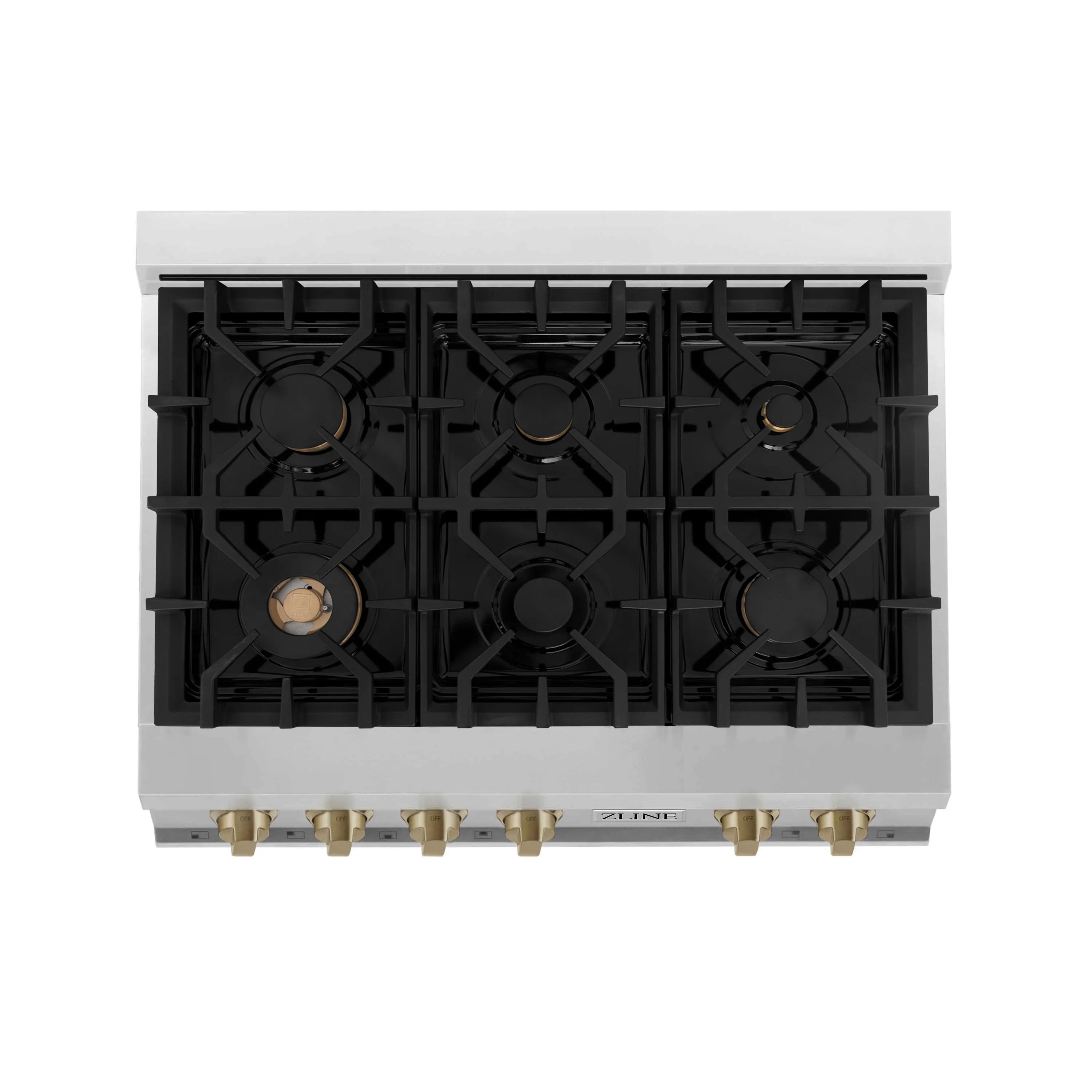 Open burner grates showing six-burner layout on stainless gas rangetop