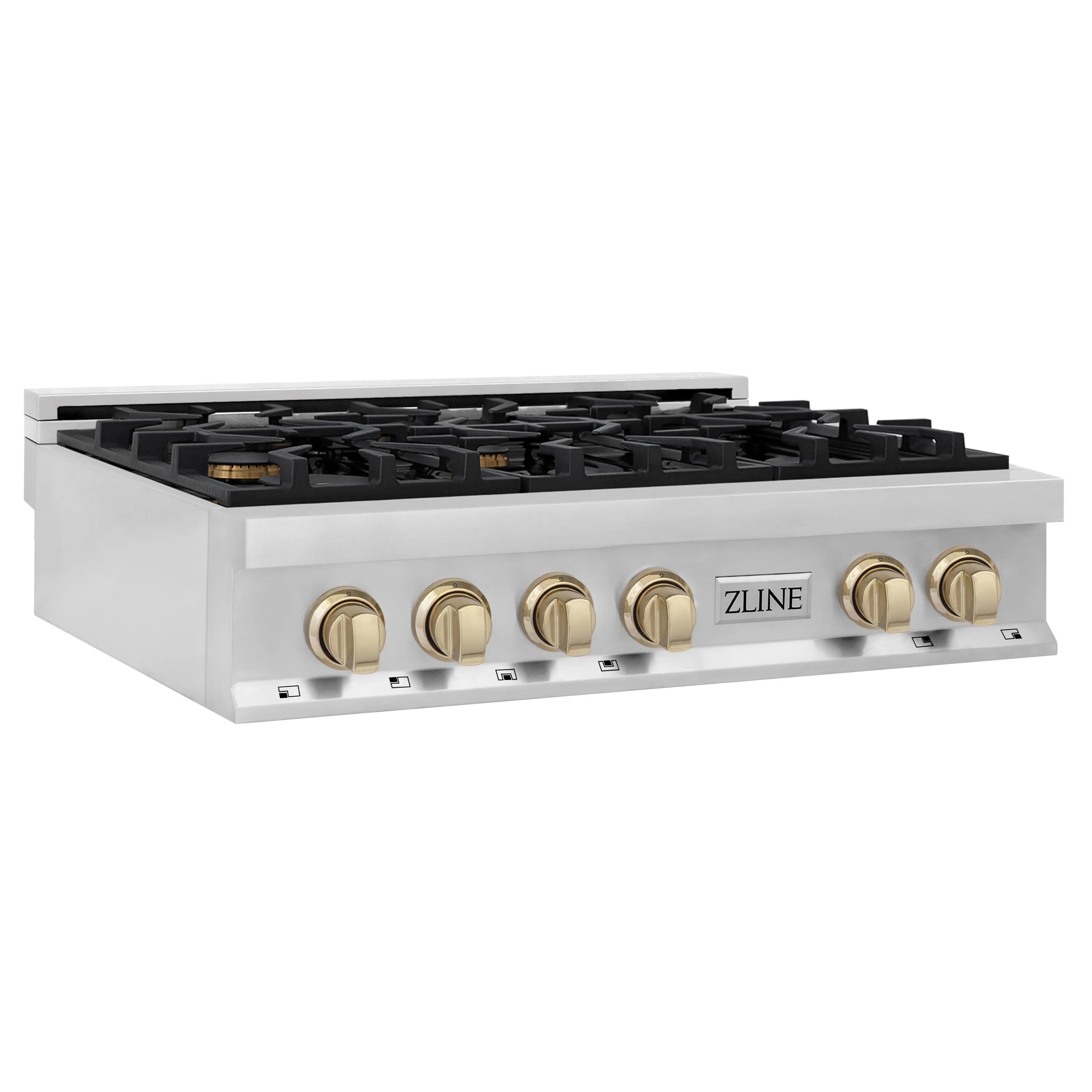 Gas rangetop side view with black burner grates and gold control knobs on stainless panel.