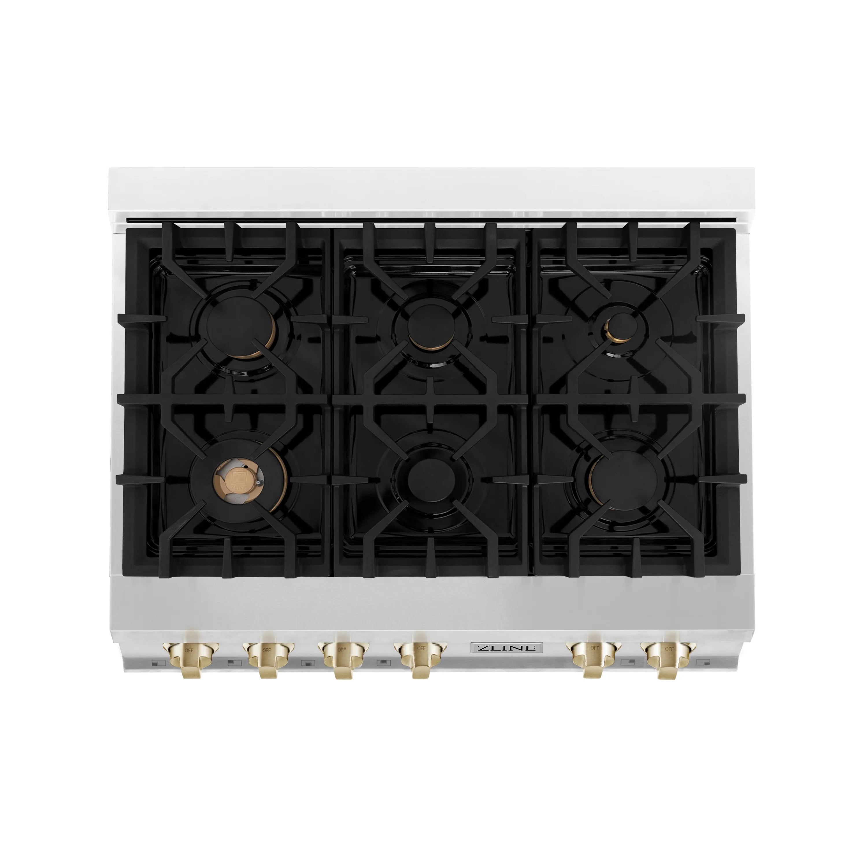 Open burner grate assembly on stainless steel gas rangetop with black burner heads.