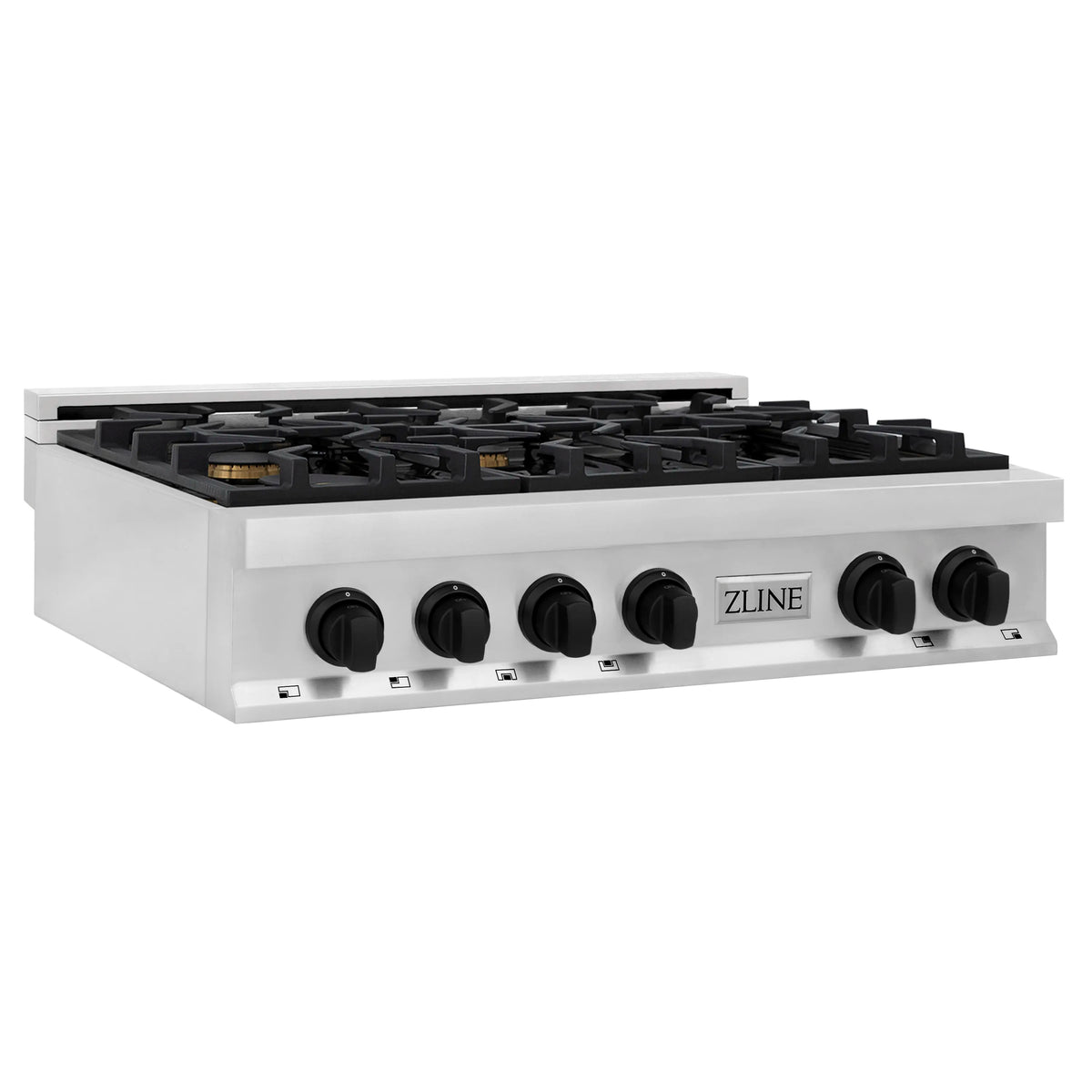 Stainless steel 6-burner gas rangetop with matte black knobs and grates