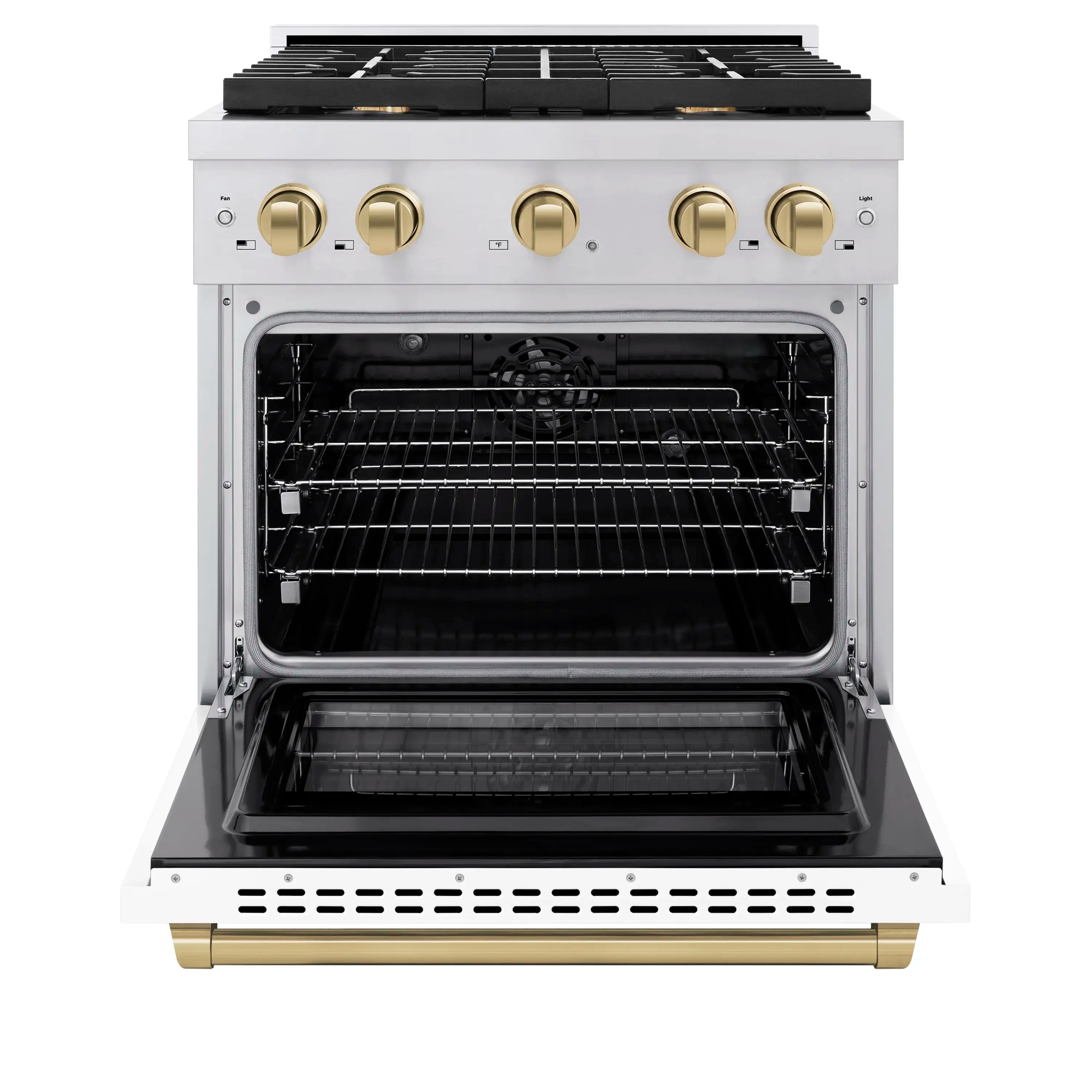 Open oven of a white dual fuel range with racks and black convection interior