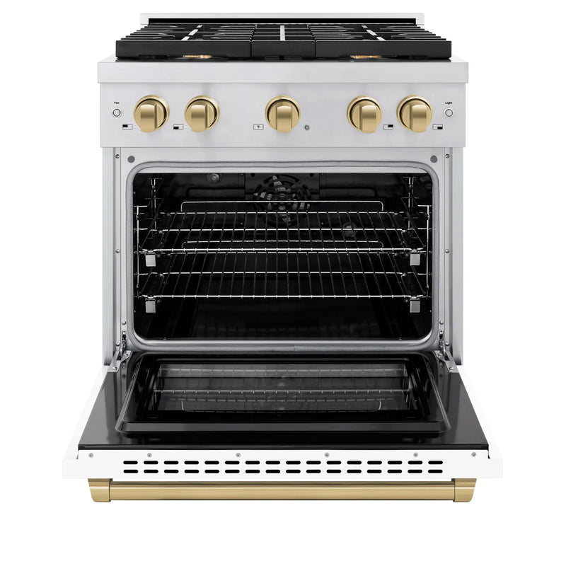 ZLINE Autograph Edition 30-Inch 4.2 cu. ft. Paramount Dual Fuel Range with 4 Burner Gas Cooktop and Electric Convection Oven in Stainless Steel with White Matte Door and Champagne Bronze Accents (SDRZ-WM-30-CB)