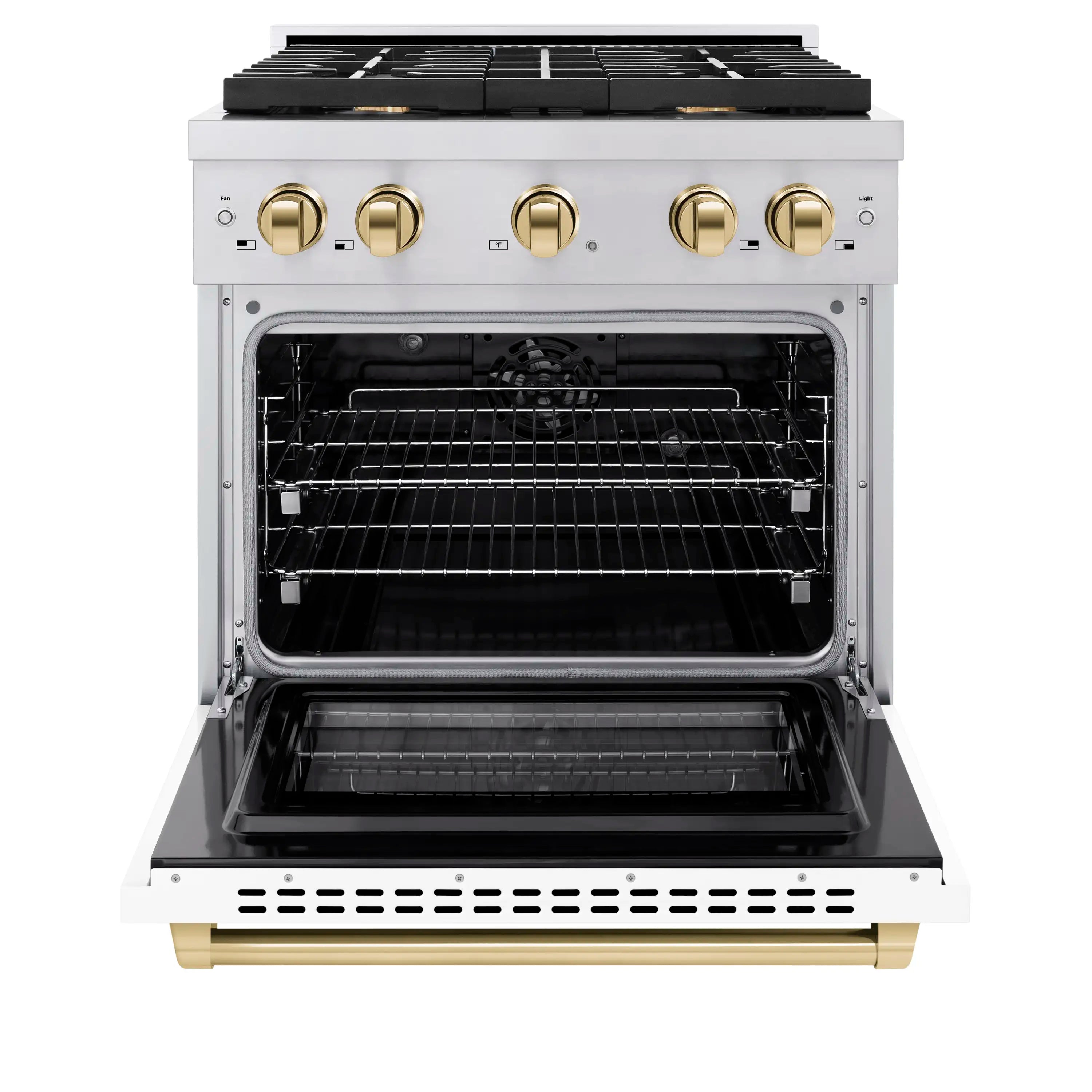 Open convection oven with wire rack and dark bake cavity, gold handle accents