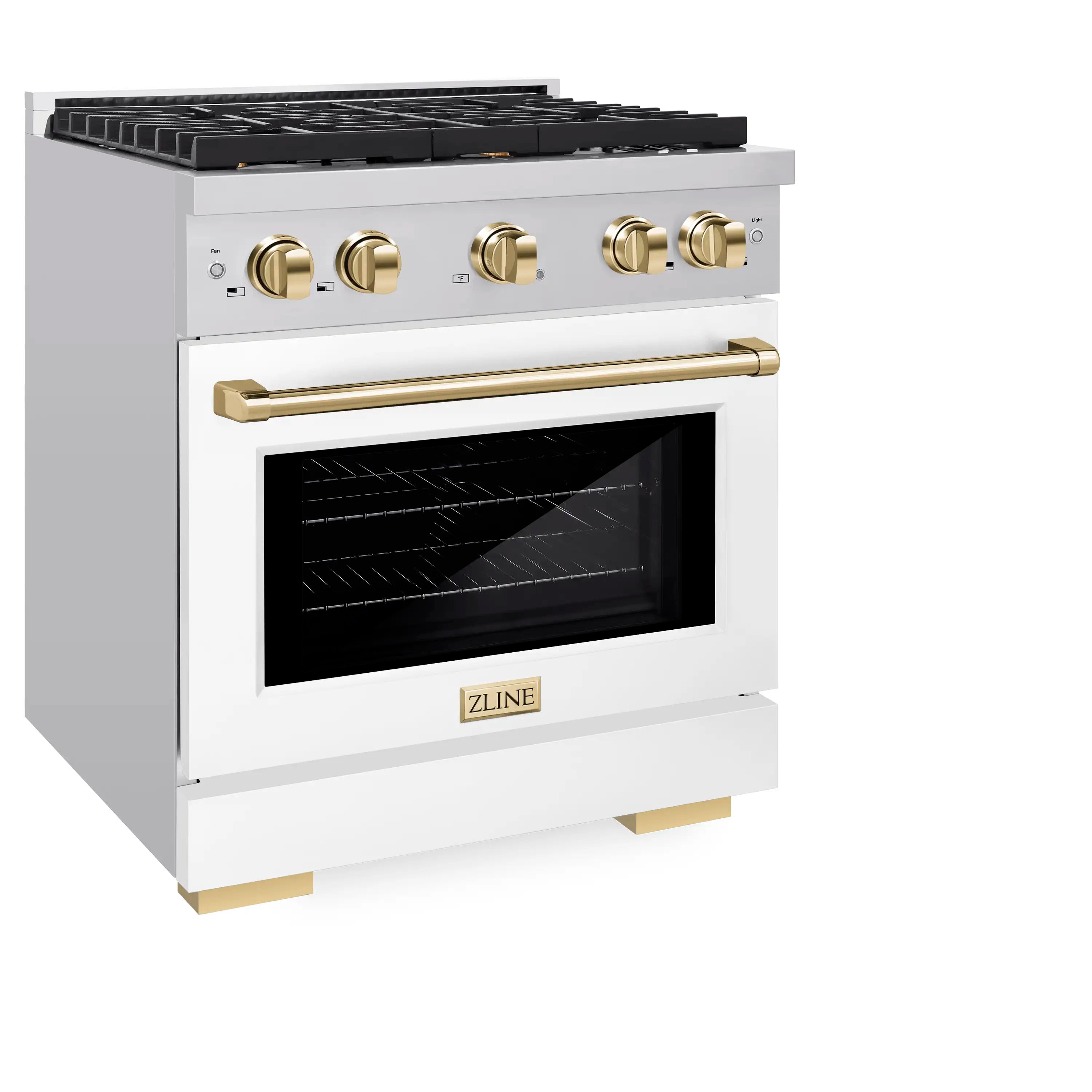 White dual fuel range with gold knobs and black cast-iron grates