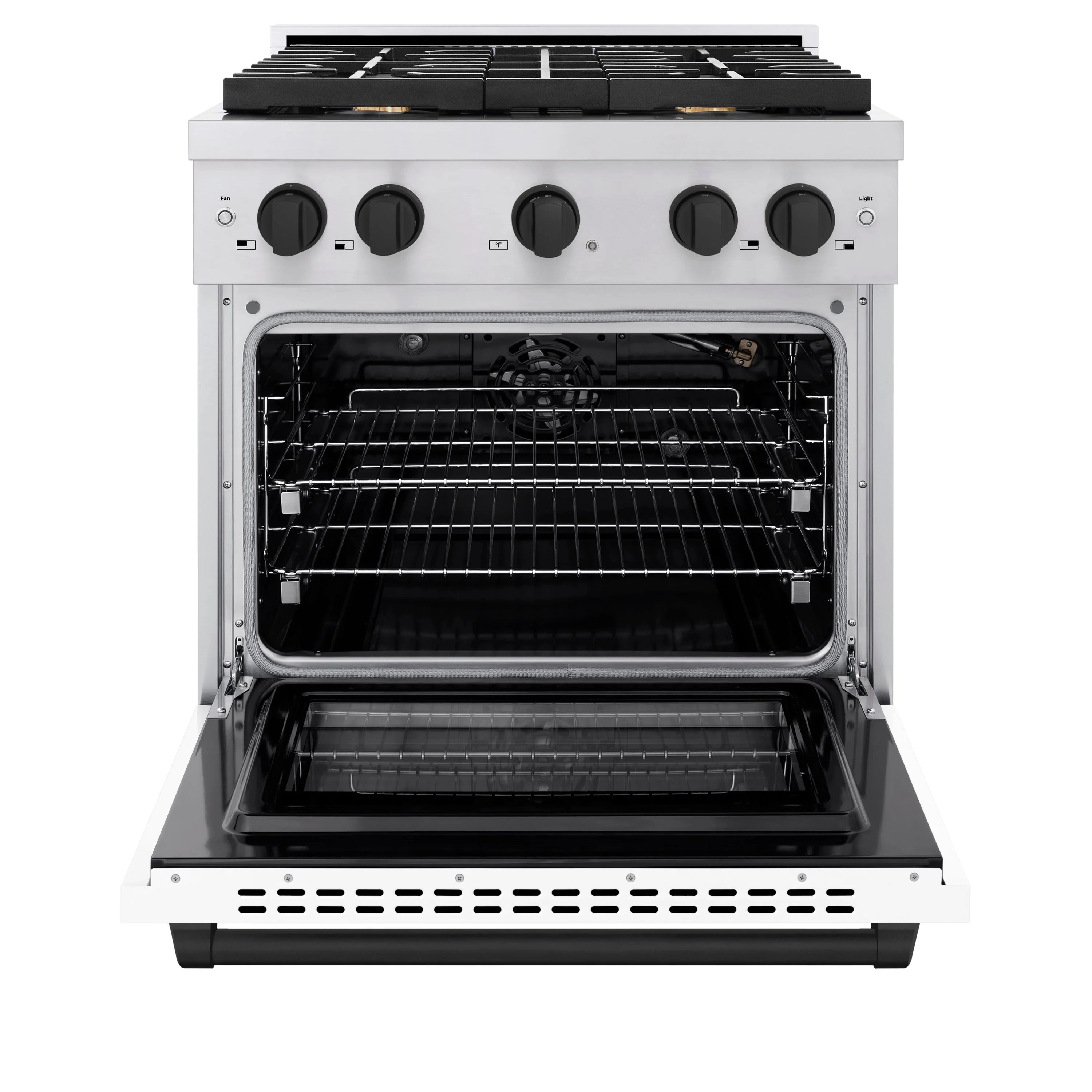 Stainless steel dual fuel range with open oven door, matte black controls, and cooktop grates