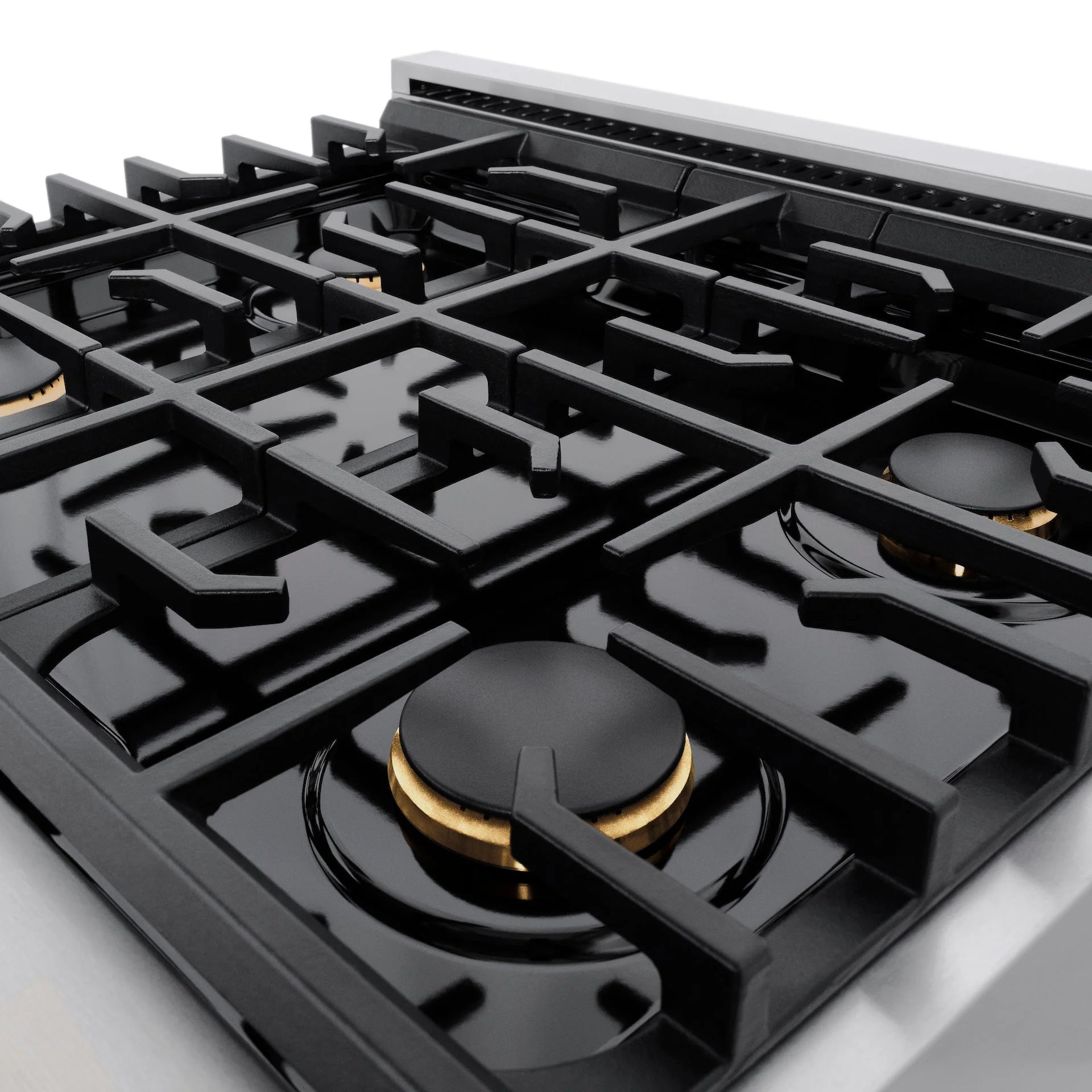 Stainless steel dual fuel range cooktop with four black gas burners and grates