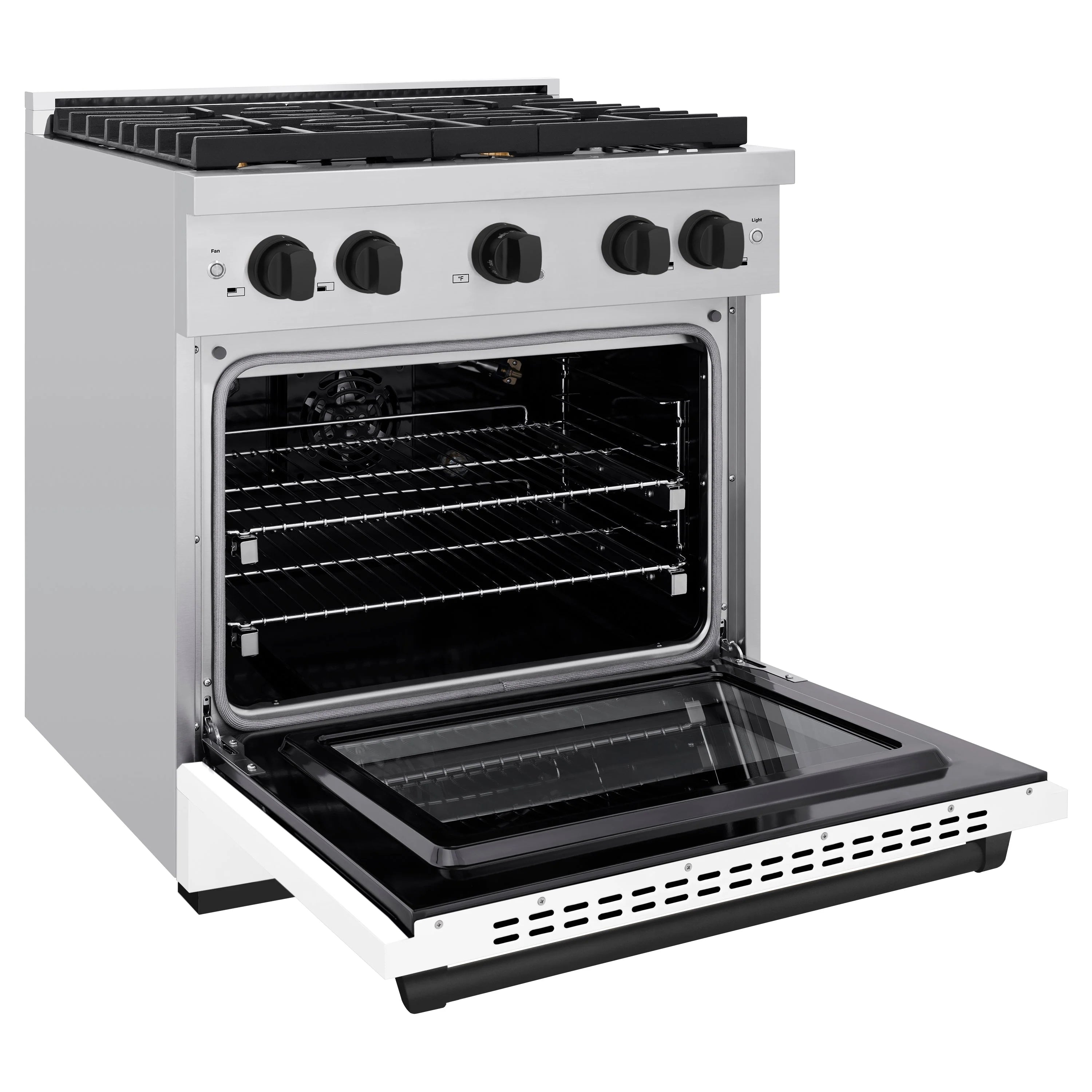 Stainless steel dual fuel range with open oven door and visible convection-style oven racks