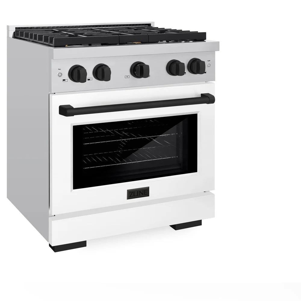 Stainless steel dual fuel range with white matte oven door and matte black control knobs