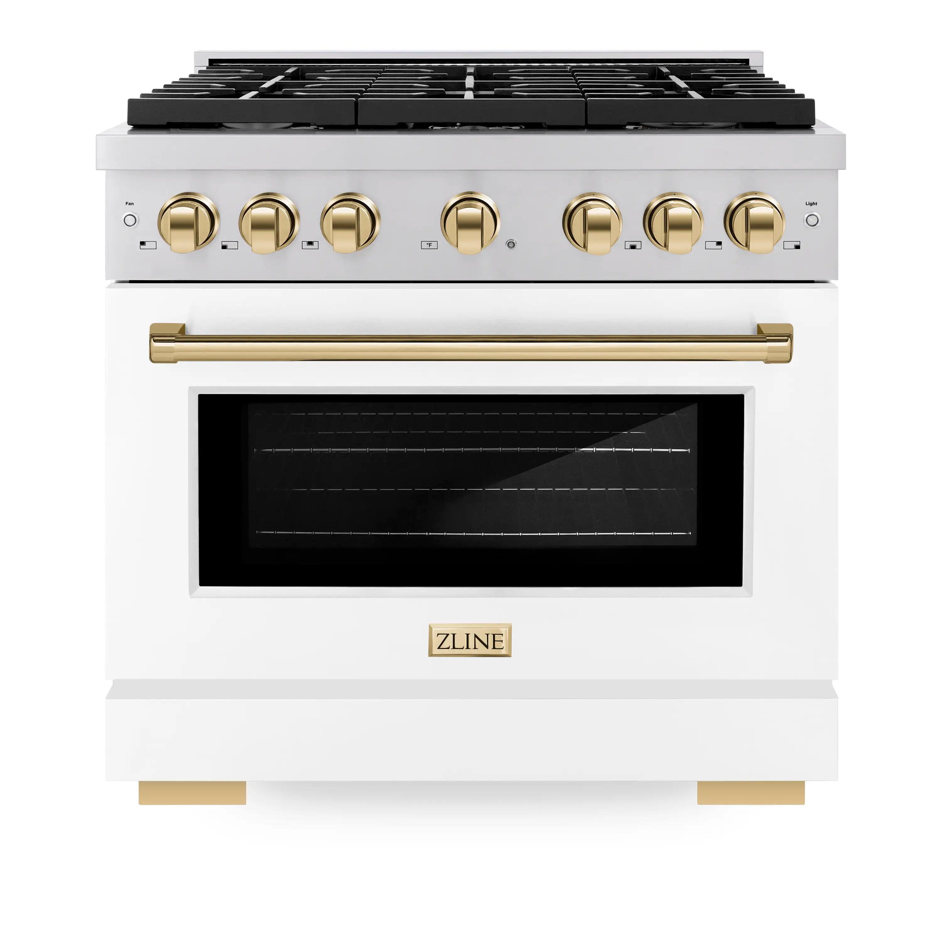 White matte range door and stainless front with black cooktop grates and gold knobs