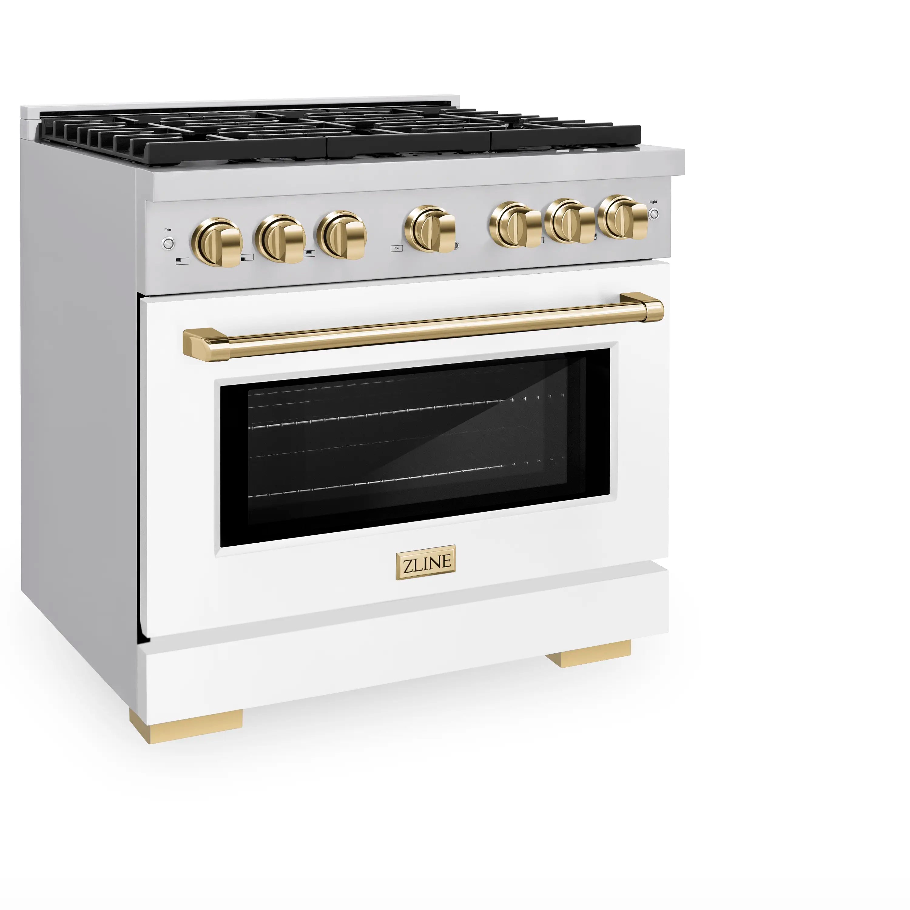 Stainless steel dual fuel range with white matte door, gold handle, and black grates
