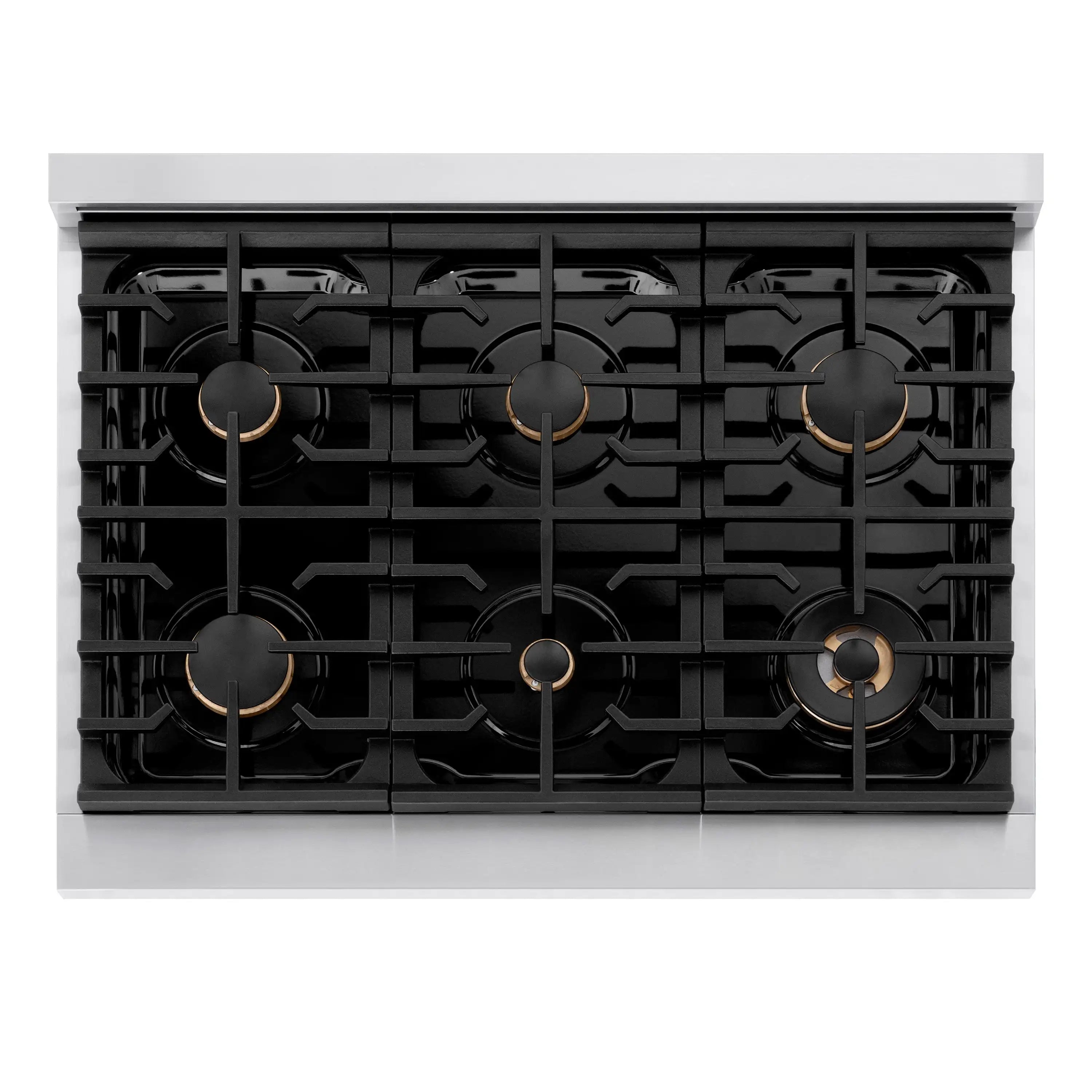 Cooktop burner grates layout with five black burner caps and gold-trimmed centers