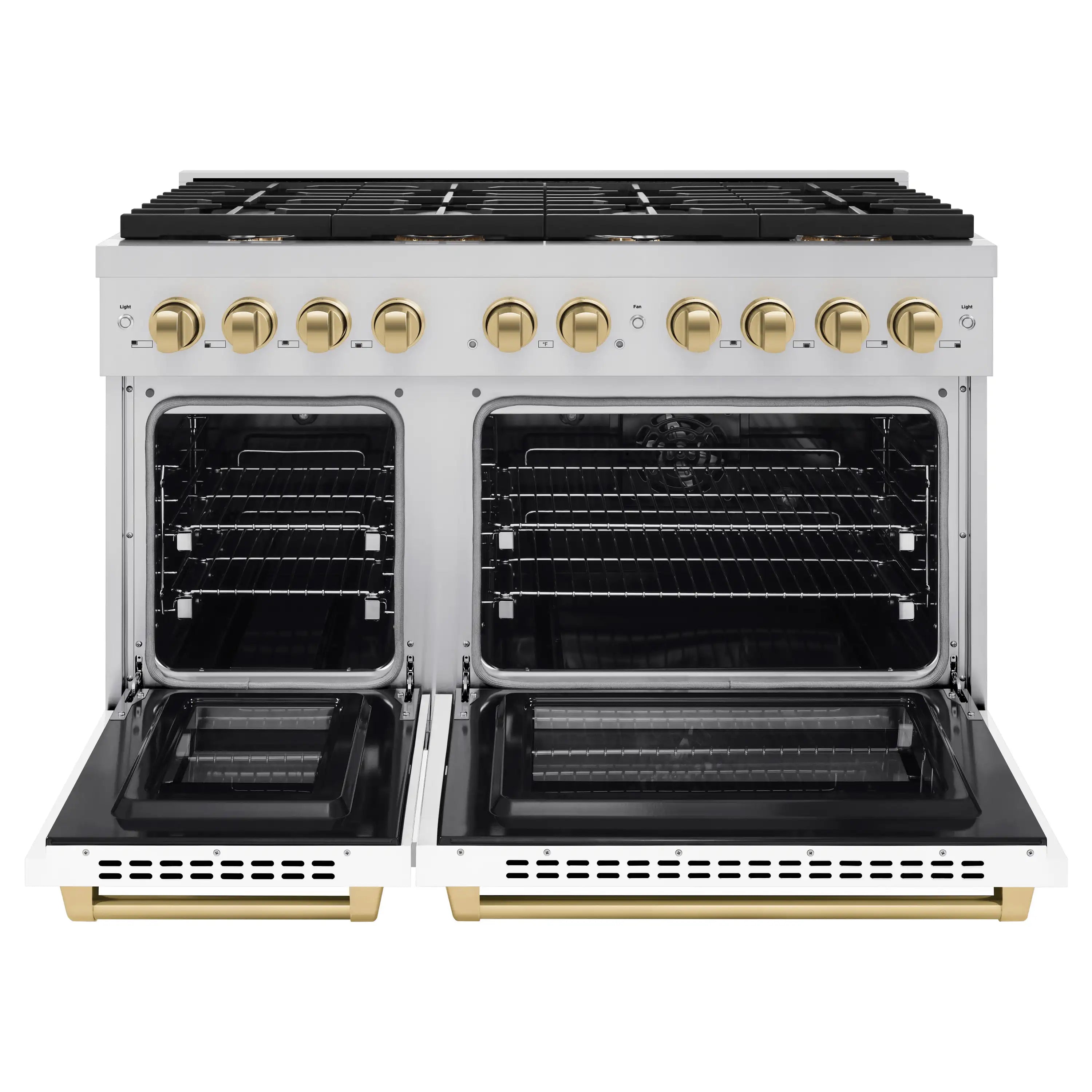 Dual fuel range with both oven doors open showing black racks and burner compartments
