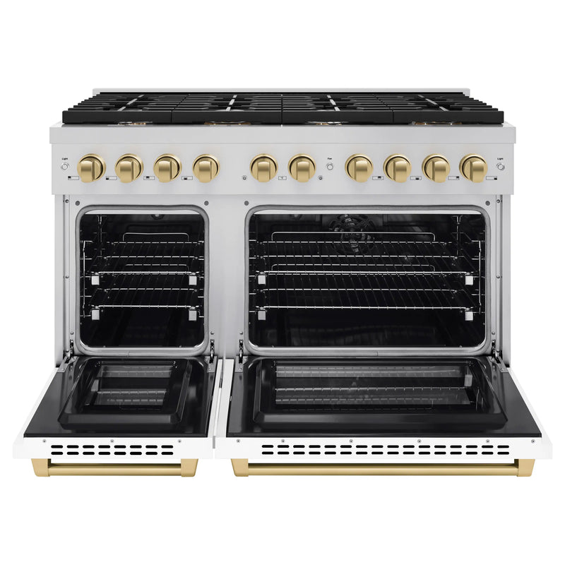 ZLINE Autograph Edition 48-Inch 6.7 cu. ft. Paramount Double Oven Dual Fuel Range with 8 Burner Gas Cooktop in Stainless Steel with White Matte Doors and Champagne Bronze Accents (SDRZ-WM-48-CB)