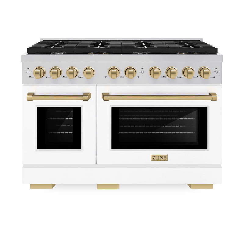 ZLINE Autograph Edition 48-Inch 6.7 cu. ft. Paramount Double Oven Dual Fuel Range with 8 Burner Gas Cooktop in Stainless Steel with White Matte Doors and Champagne Bronze Accents (SDRZ-WM-48-CB)