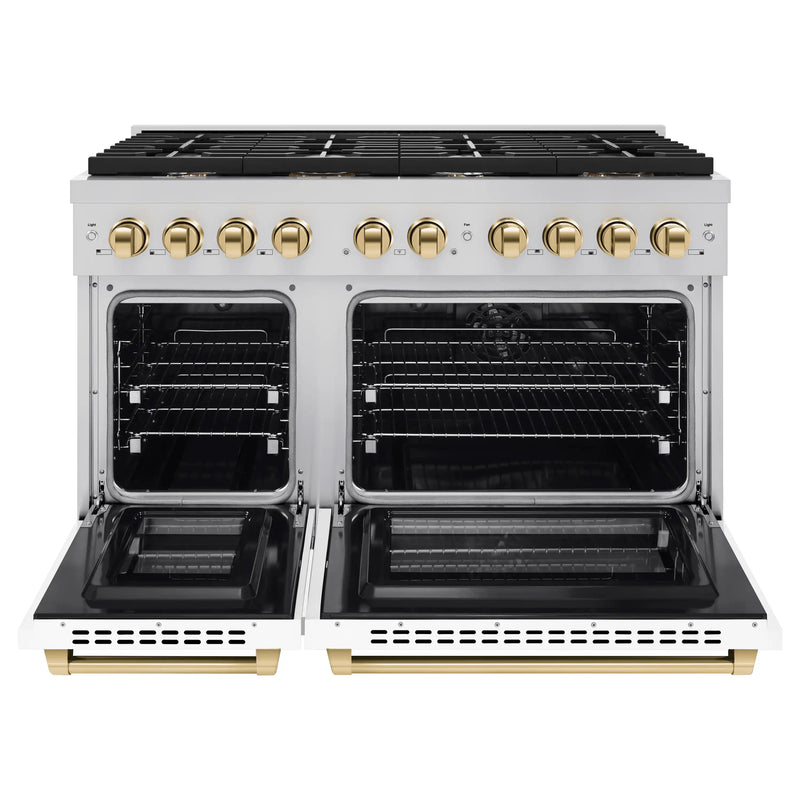 ZLINE Autograph Edition 48-Inch 6.7 cu. ft. Paramount Double Oven Dual Fuel Range with 8 Burner Gas Cooktop in Stainless Steel with White Matte Doors and Polished Gold Accents (SDRZ-WM-48-G)