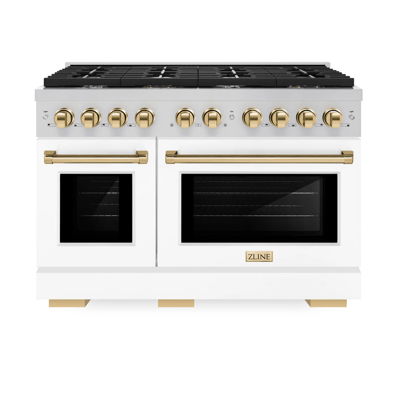 ZLINE Autograph Edition 48-Inch 6.7 cu. ft. Paramount Double Oven Dual Fuel Range with 8 Burner Gas Cooktop in Stainless Steel with White Matte Doors and Polished Gold Accents (SDRZ-WM-48-G)