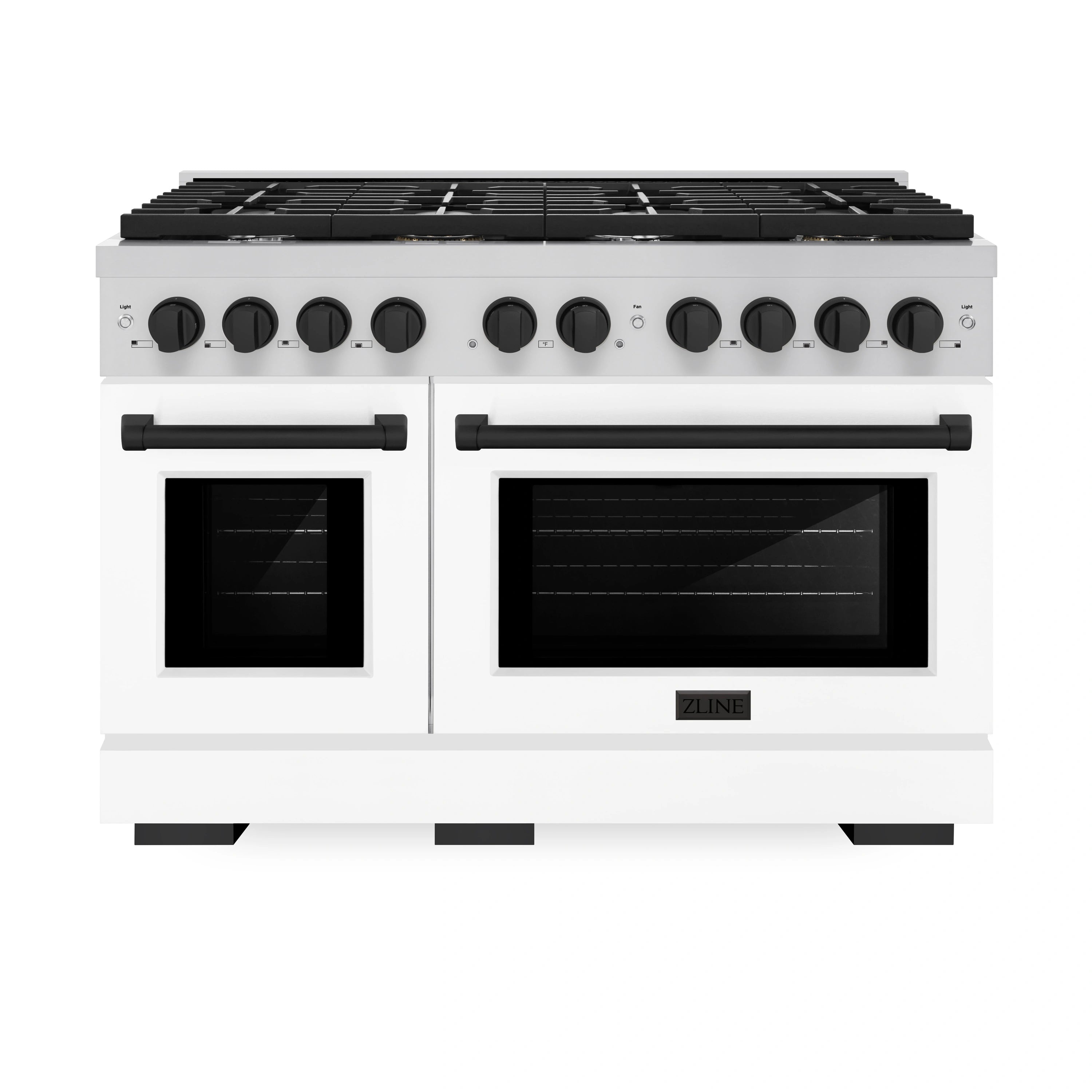 Dual fuel double-oven range with white matte doors, black control knobs, and stainless trim