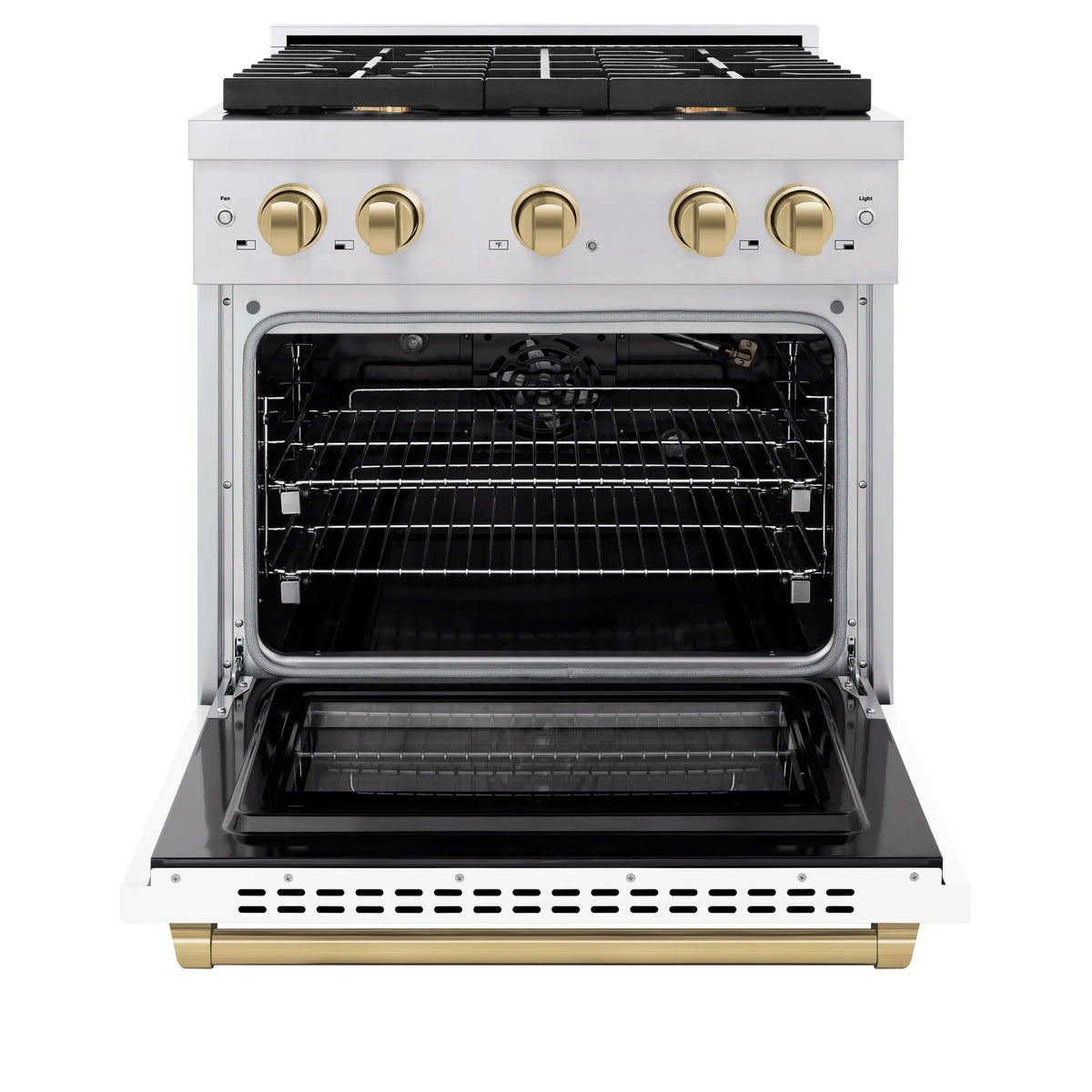 Stainless gas range oven with door open, interior racks, and back burner area