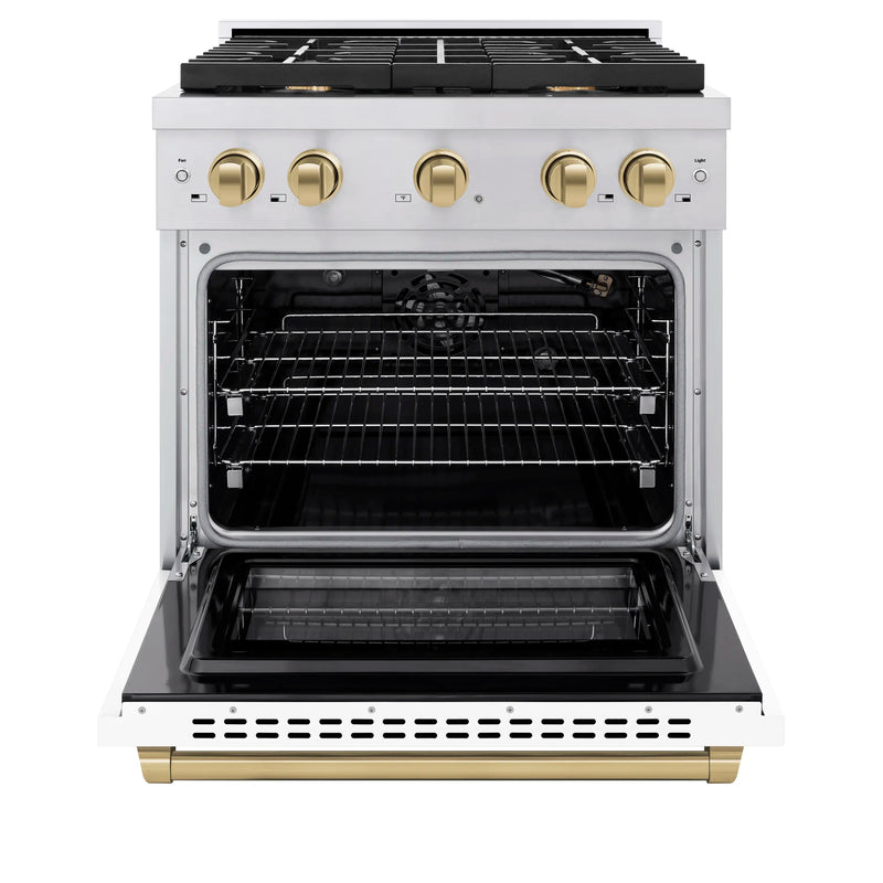 ZLINE Autograph Edition 30-Inch Paramount Gas Range with 4 Gas Burners and 4.2 cu. ft. Convection Gas Oven in Stainless Steel with White Matte Door and Champagne Bronze Accents (SGRZ-WM-30-CB)