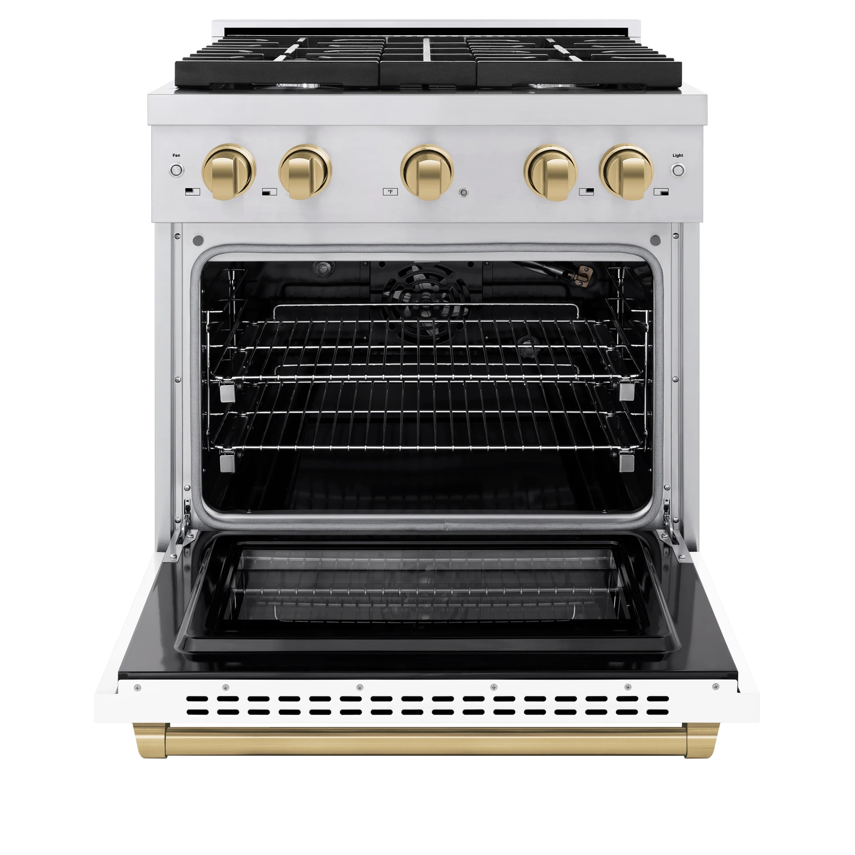 Open oven door on a white gas range with racks inside and brass trim on handle