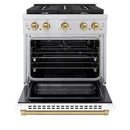 ZLINE Autograph Edition 3-Piece Appliance Package - 30-Inch Gas Range, Wall Mounted Range Hood, & 24-Inch Tall Tub Dishwasher in Stainless Steel and White Door with Champagne Bronze Trim (3AKP-SGRWMRHDWM30-CB)