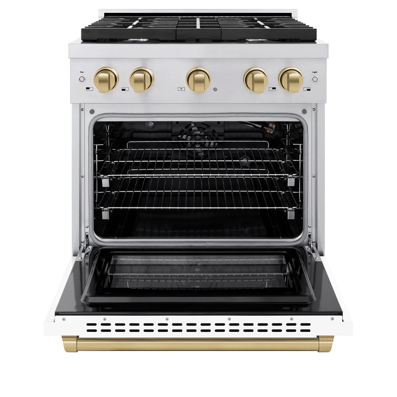 ZLINE Autograph Edition 3-Piece Appliance Package - 30-Inch Gas Range, Wall Mounted Range Hood, & 24-Inch Tall Tub Dishwasher in Stainless Steel and White Door with Champagne Bronze Trim (3AKP-RGWMRHDWM30-CB)