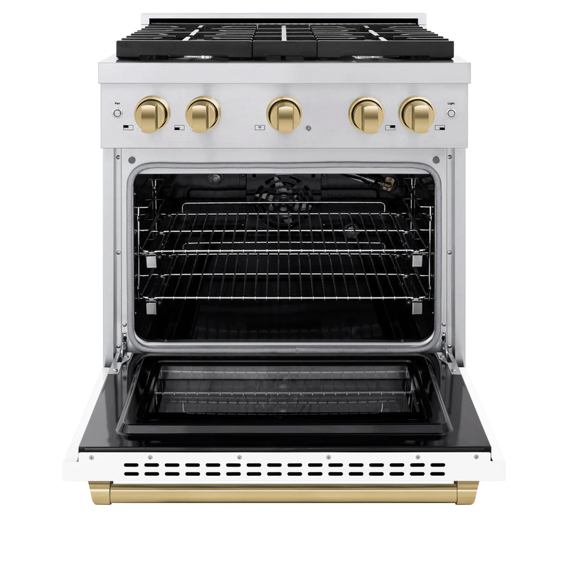 ZLINE Autograph Edition 2-Piece Appliance Package - 30-Inch Gas Range and Wall Mounted Range Hood in Stainless Steel and White Door with Champagne Bronze Trim (2AKP-RGWMRH30-CB)