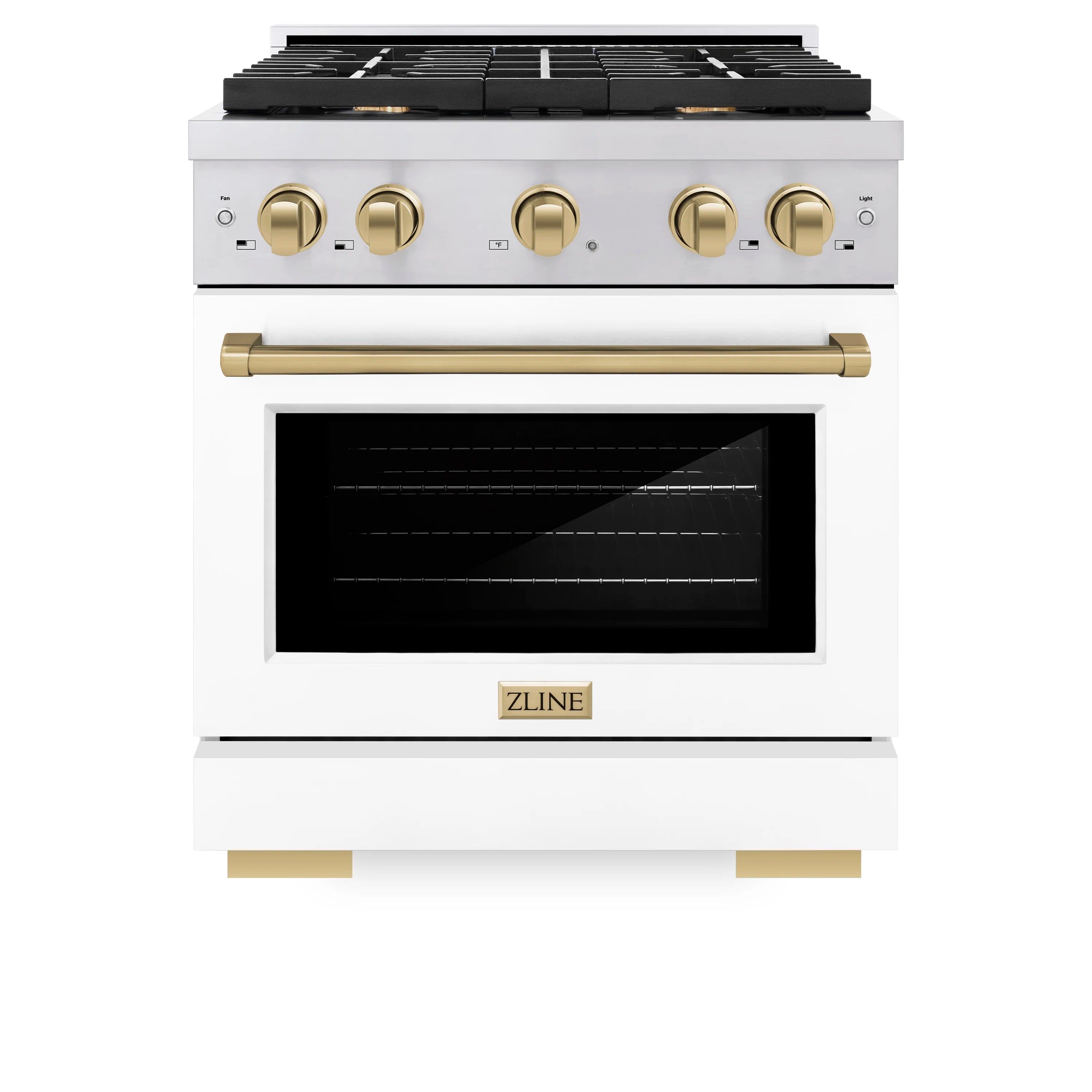 Stainless gas range front panel with four burner knobs and white oven door