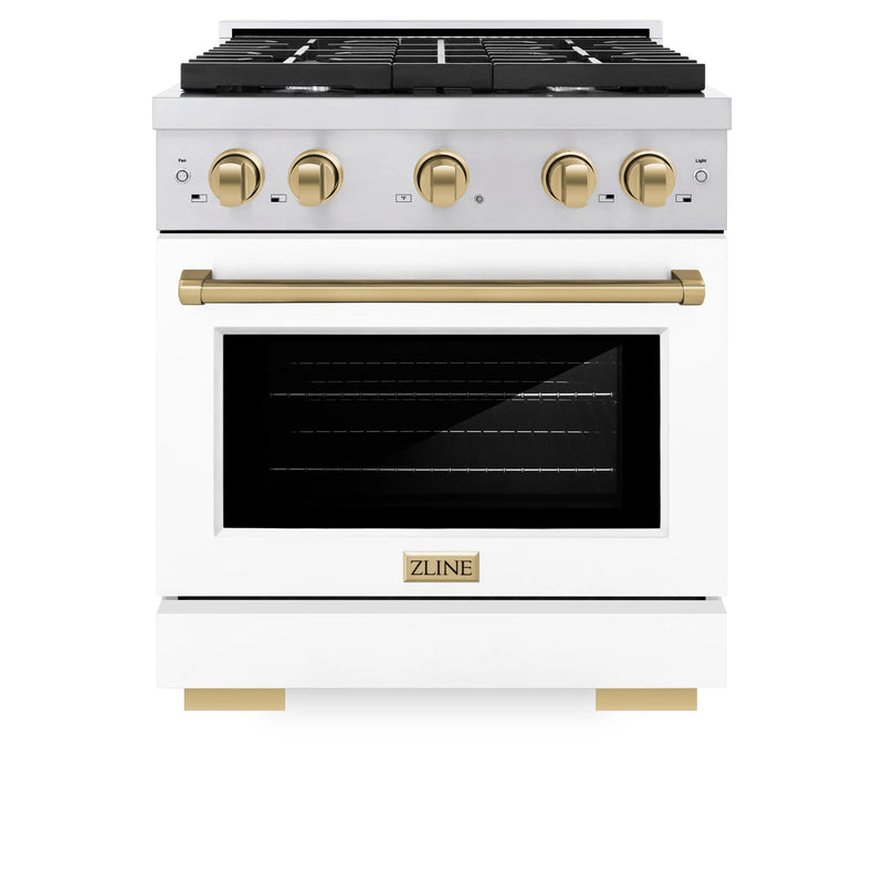 ZLINE Autograph Edition 2-Piece Appliance Package - 30-Inch Gas Range and Wall Mounted Range Hood in Stainless Steel and White Door with Champagne Bronze Trim (2AKP-RGWMRH30-CB)