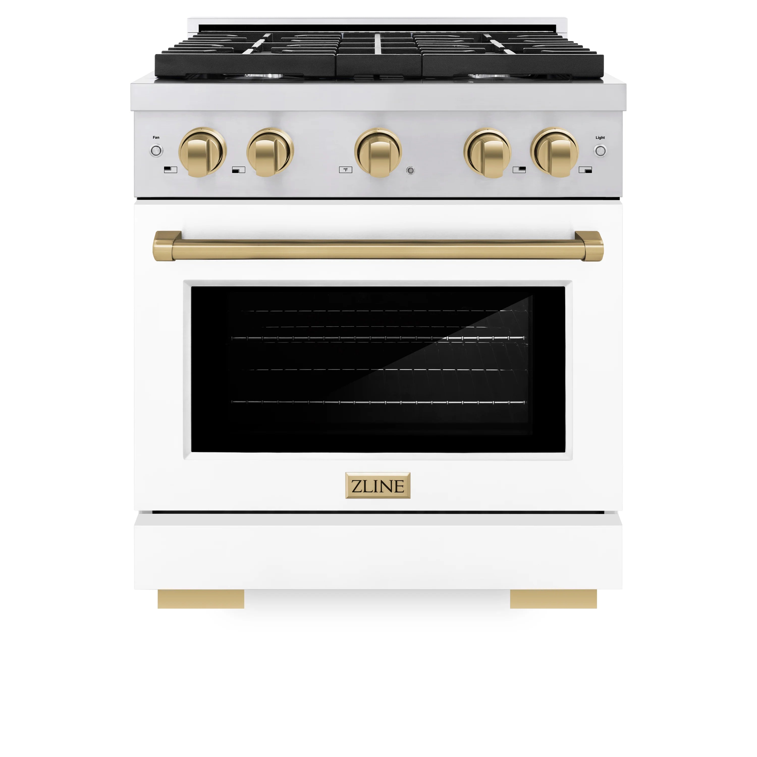 White freestanding gas range with black cooktop grates, brass knobs, and oven window