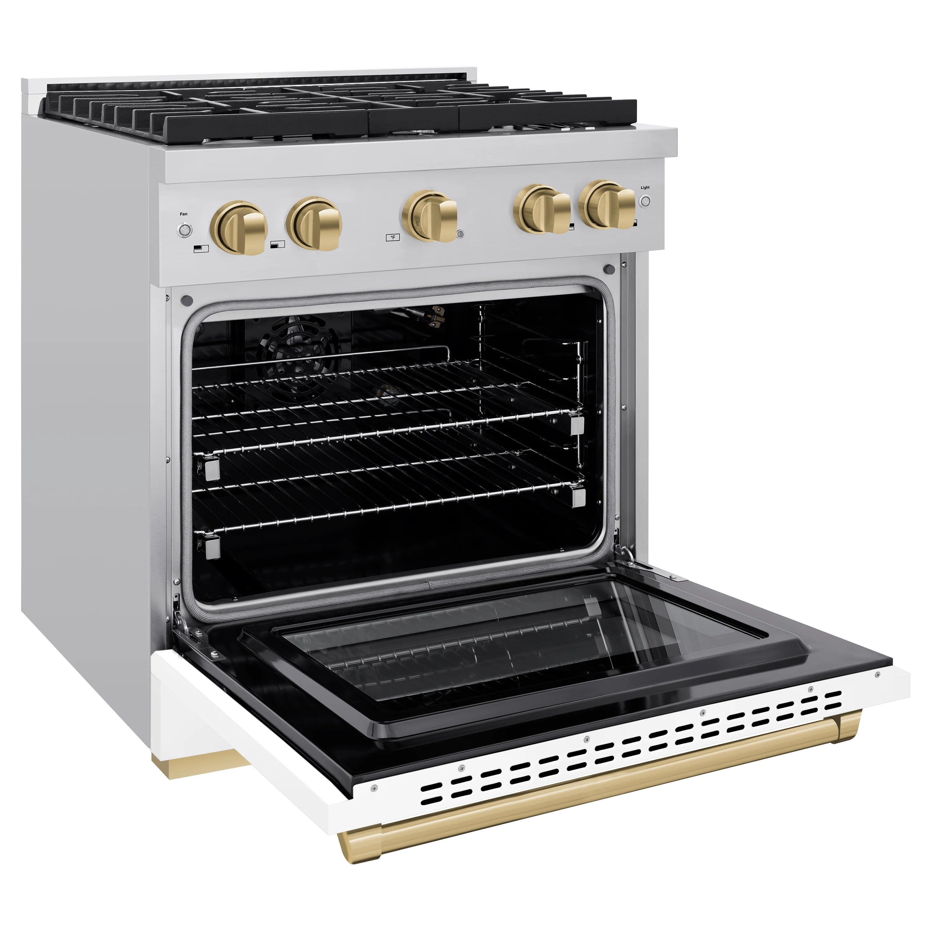 White gas range with open oven door, black interior racks, champagne bronze trim