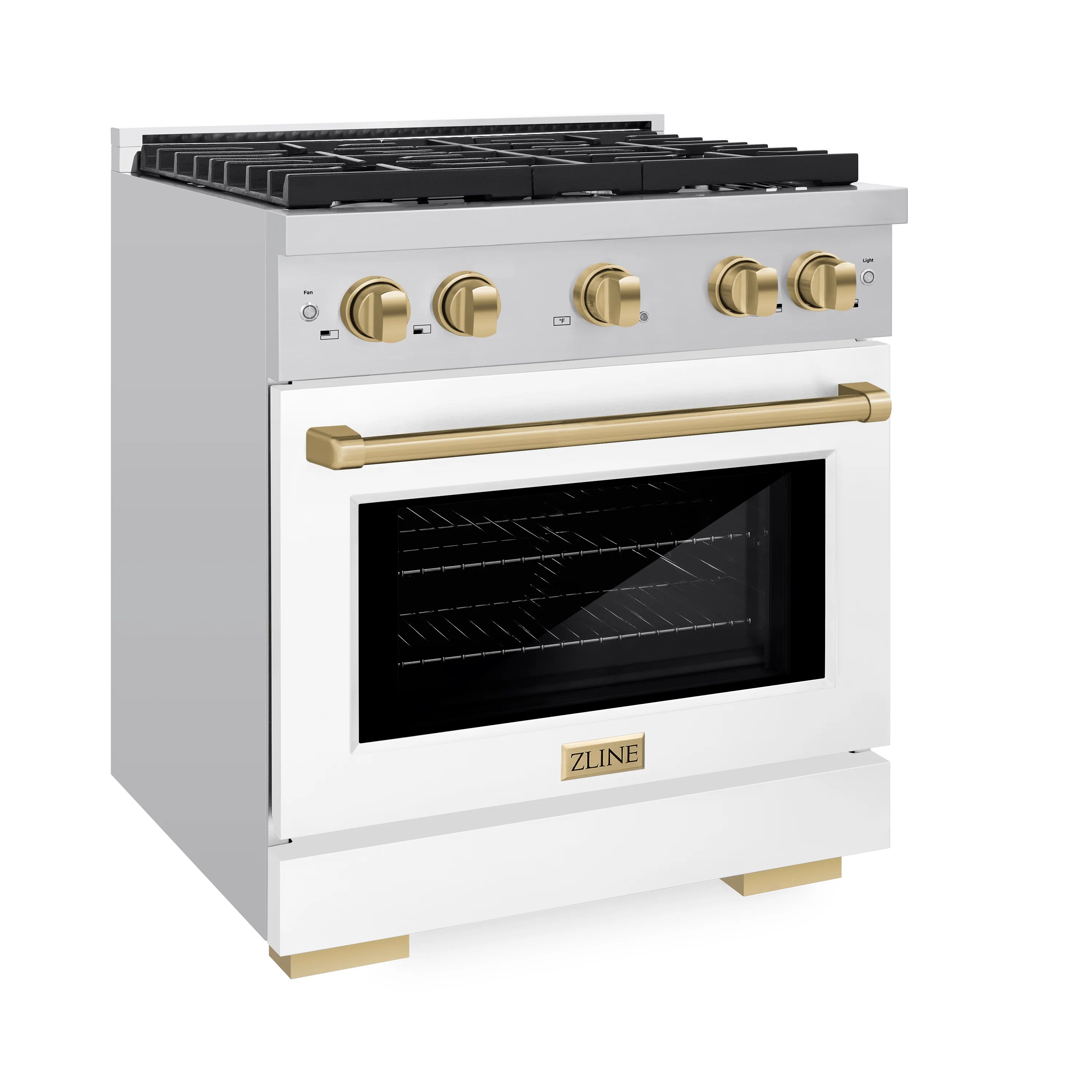 White gas range with black glass oven door and champagne bronze control knobs