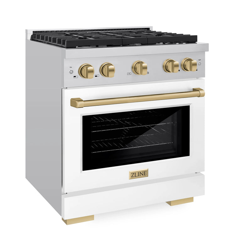 ZLINE Autograph Edition 3-Piece Appliance Package - 30-Inch Gas Range, Wall Mounted Range Hood, & 24-Inch Tall Tub Dishwasher in Stainless Steel and White Door with Champagne Bronze Trim (3AKP-RGWMRHDWM30-CB)