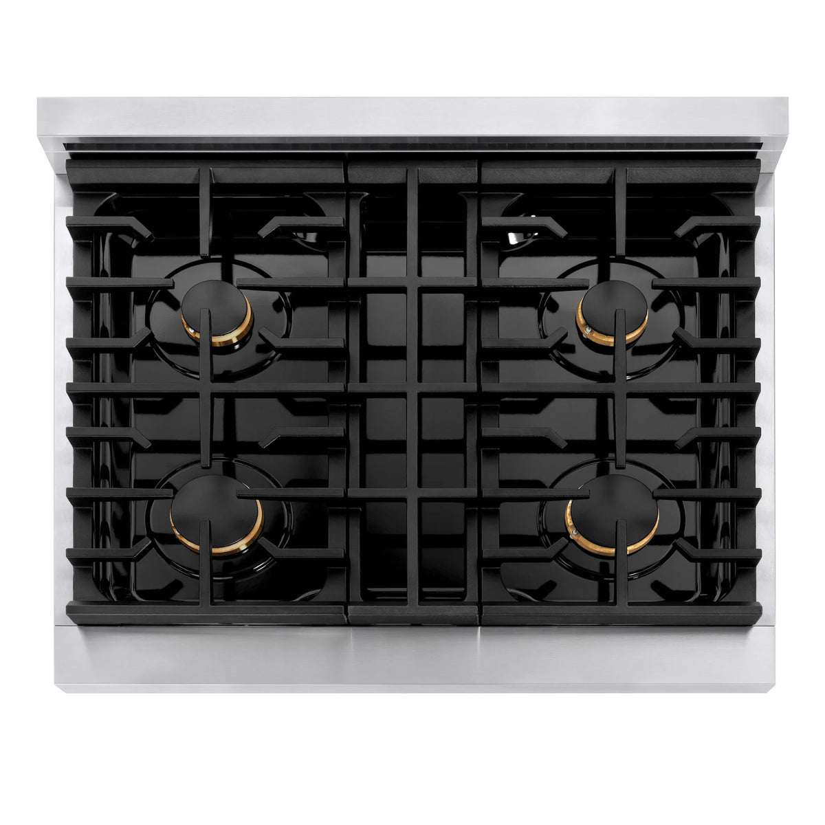 Stainless gas cooktop with four black burners and brass control knobs