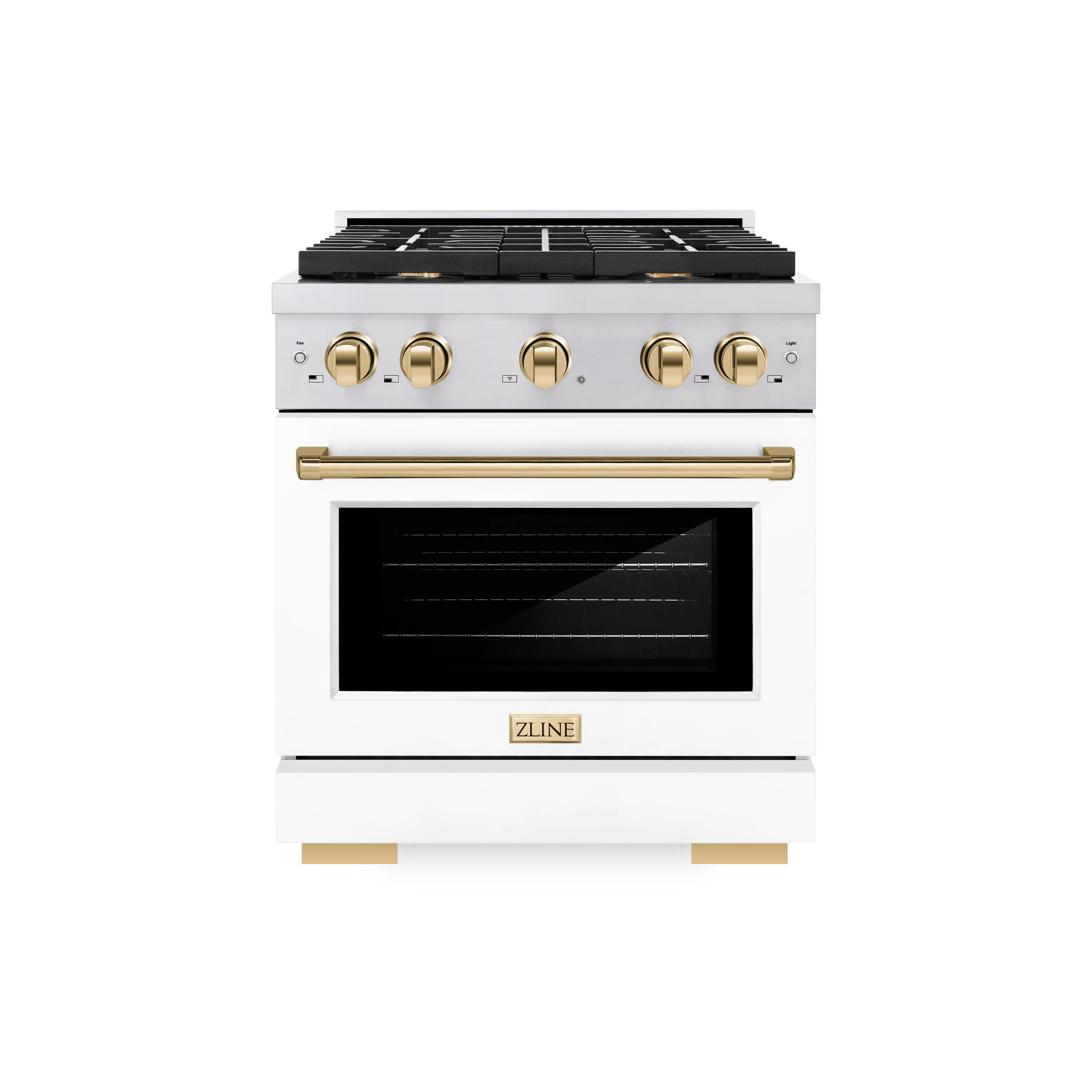 Gas range with black burner grates, white door, gold control knobs